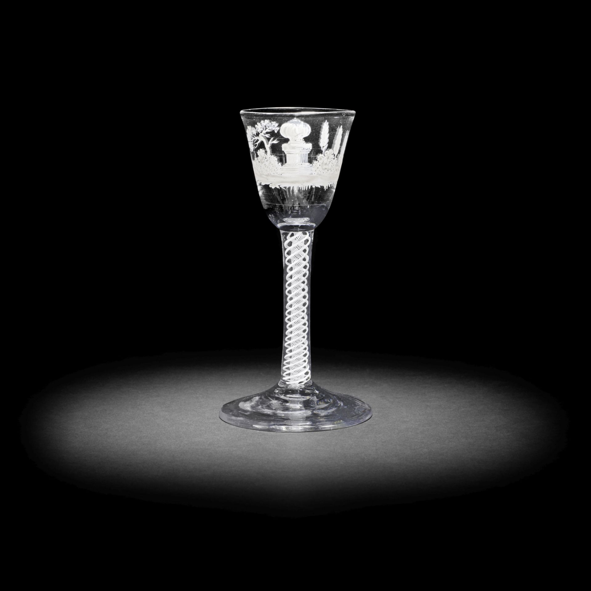 A rare Beilby enamelled opaque twist wine glass, circa 1765-70