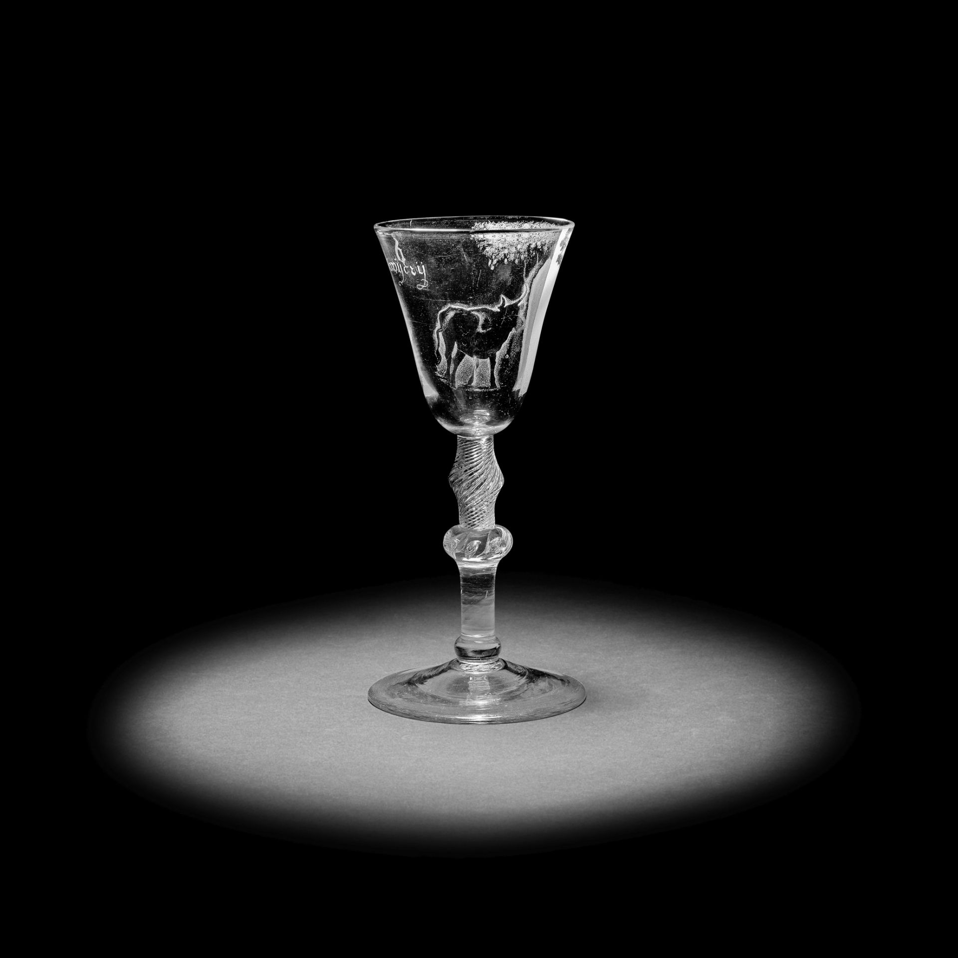 The Fattening: An exceptional Dutch stipple-engraved wine glass by Gillis Hendricus Hoolaart, cir...