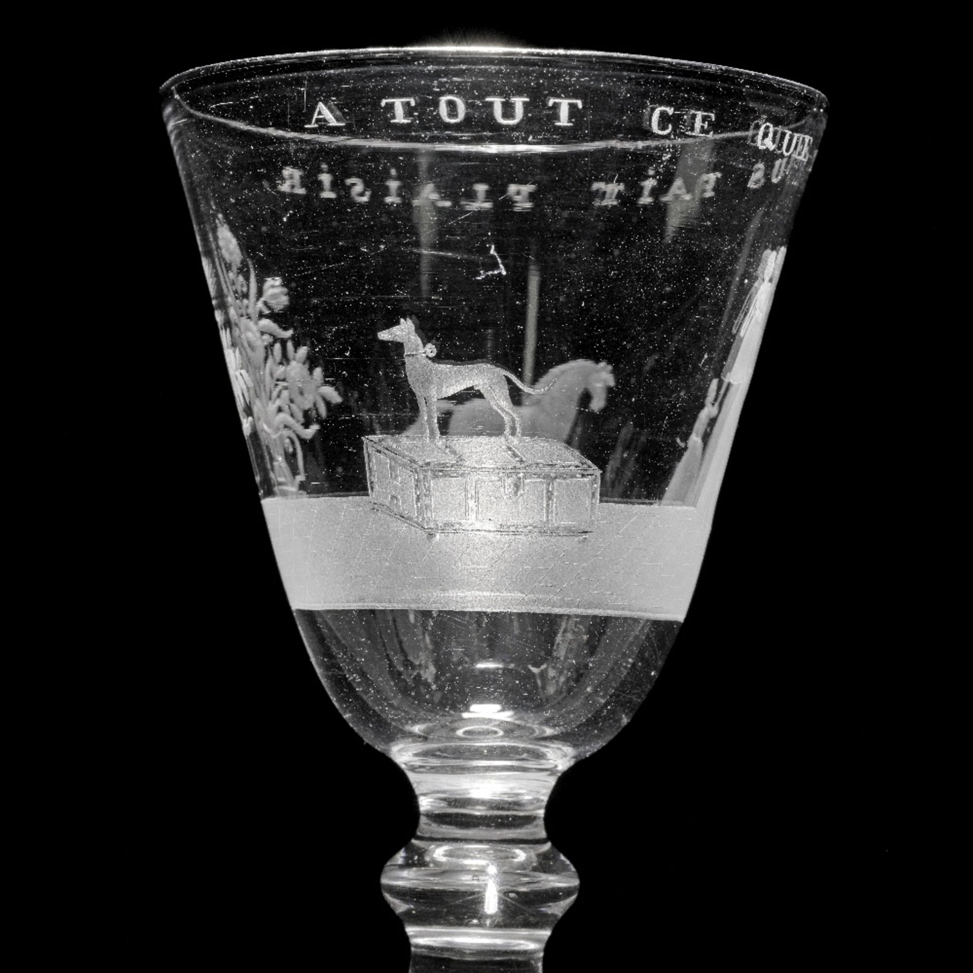 An exceptional Dutch engraved light baluster goblet and cover signed by Jacob Sang, dated 1760 - Image 3 of 5