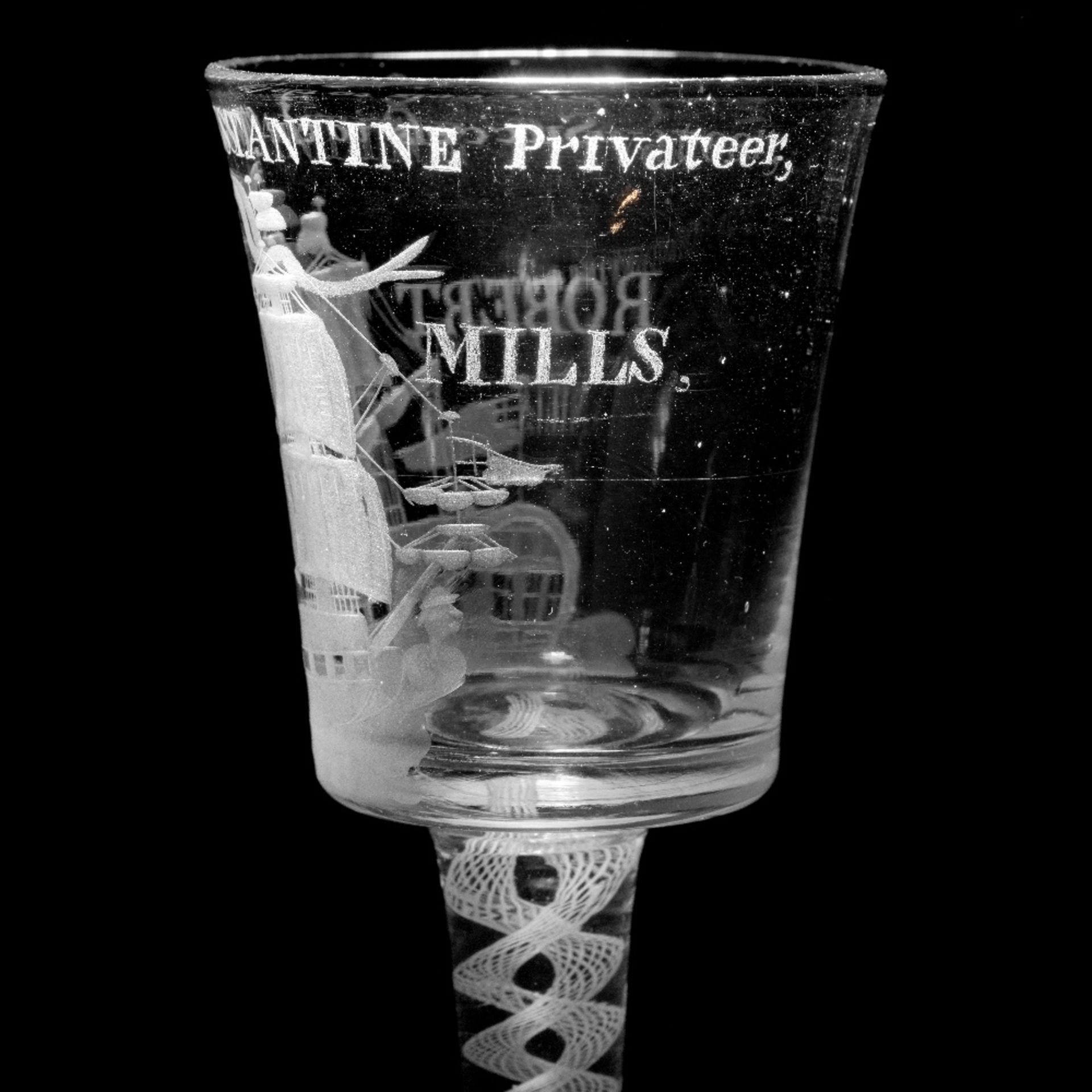 The Constantine: a rare and important engraved Privateer wine glass, circa 1760 - Bild 3 aus 3