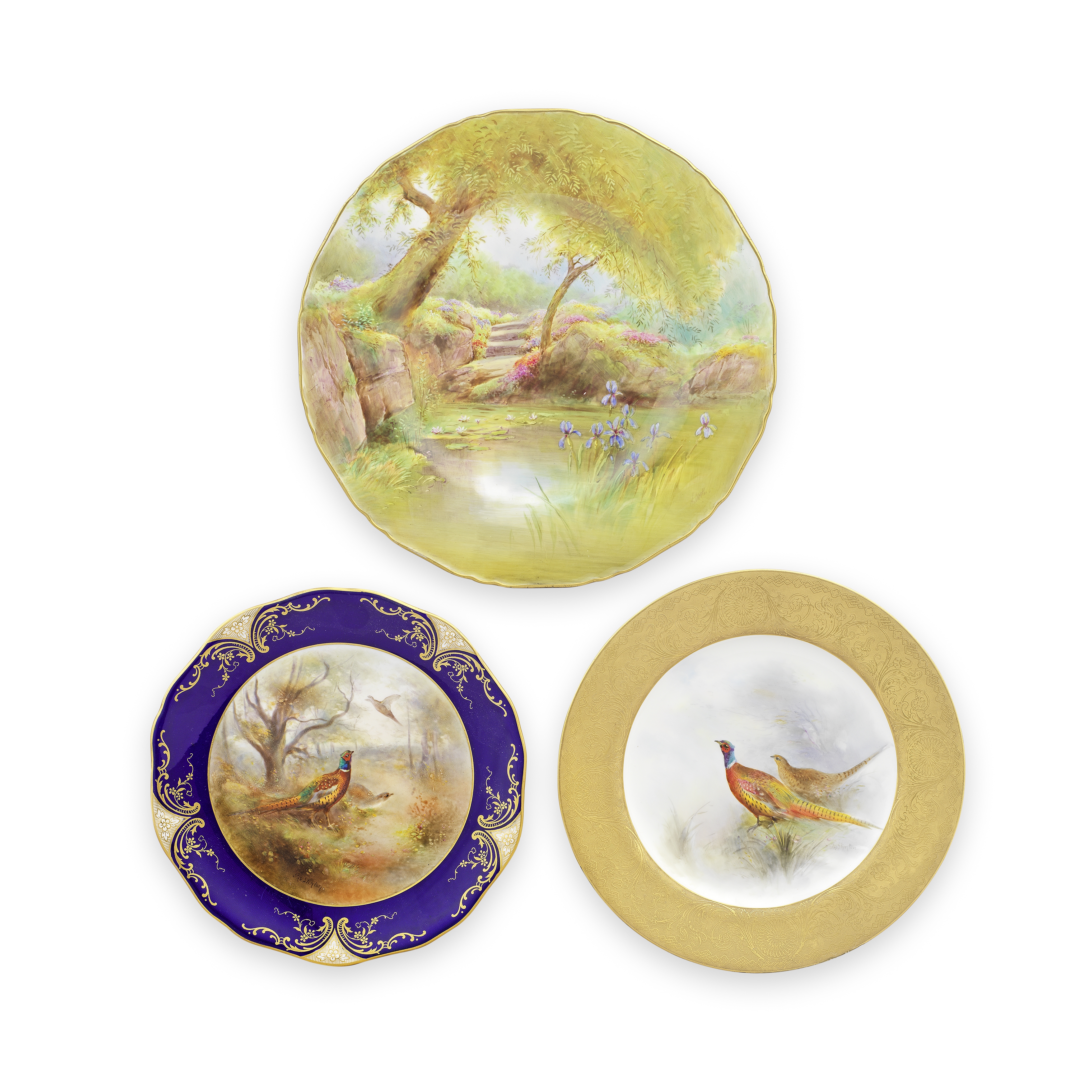 A Royal Worcester plate by Harry Davis, dated 1935 and two plates by James Stinton, dated 1903 an...