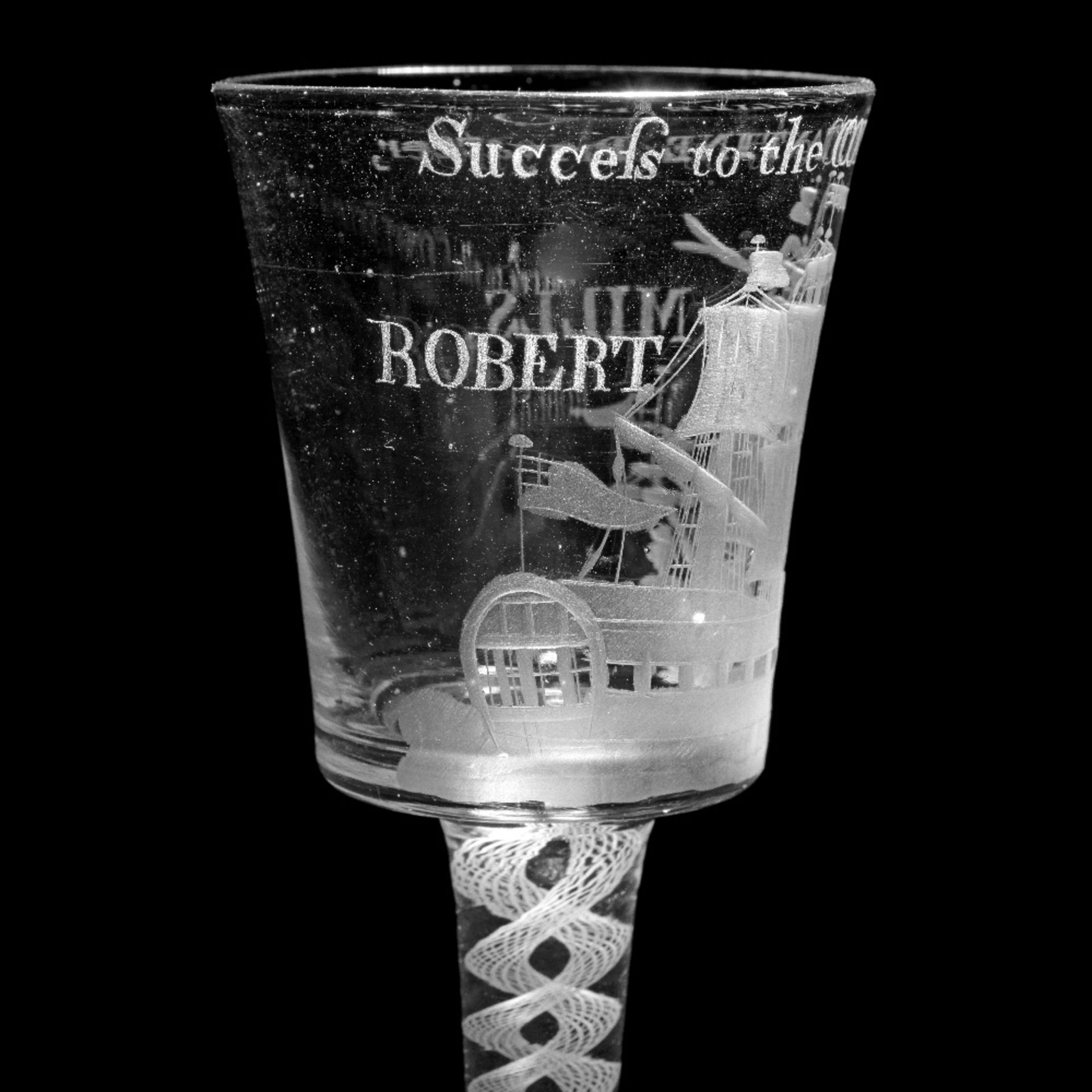 The Constantine: a rare and important engraved Privateer wine glass, circa 1760 - Bild 2 aus 3