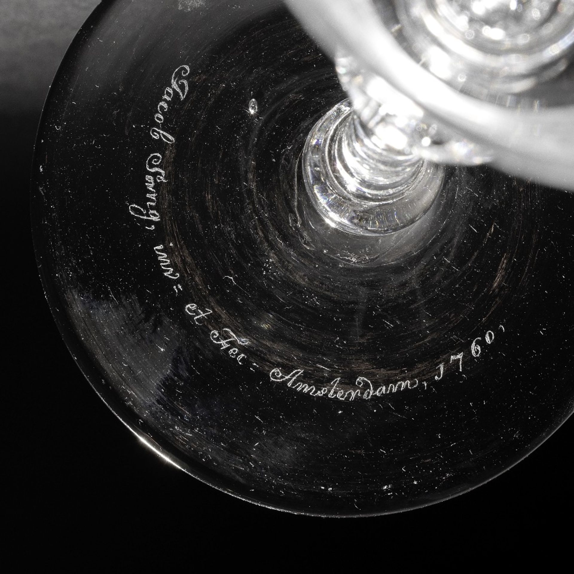 An exceptional engraved light baluster wine glass signed by Jacob Sang, dated 1760 - Image 2 of 3