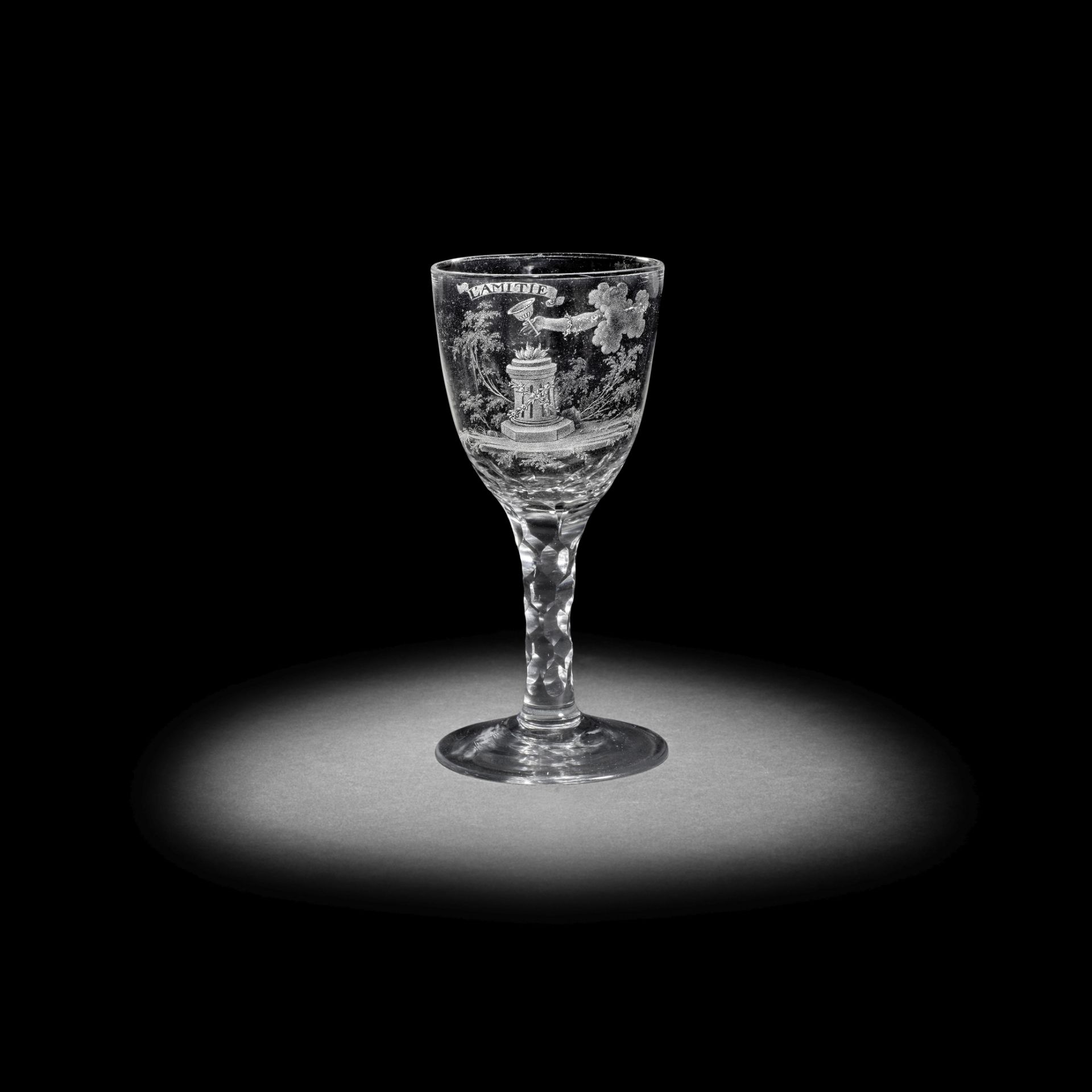 A very rare Dutch stipple-engraved 'Friendship' glass by David Wolff, circa 1780