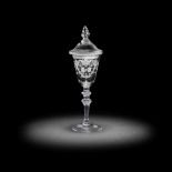 A fine Dutch engraved light baluster 'Friendship' goblet and cover attributed to Jacob Sang, circ...