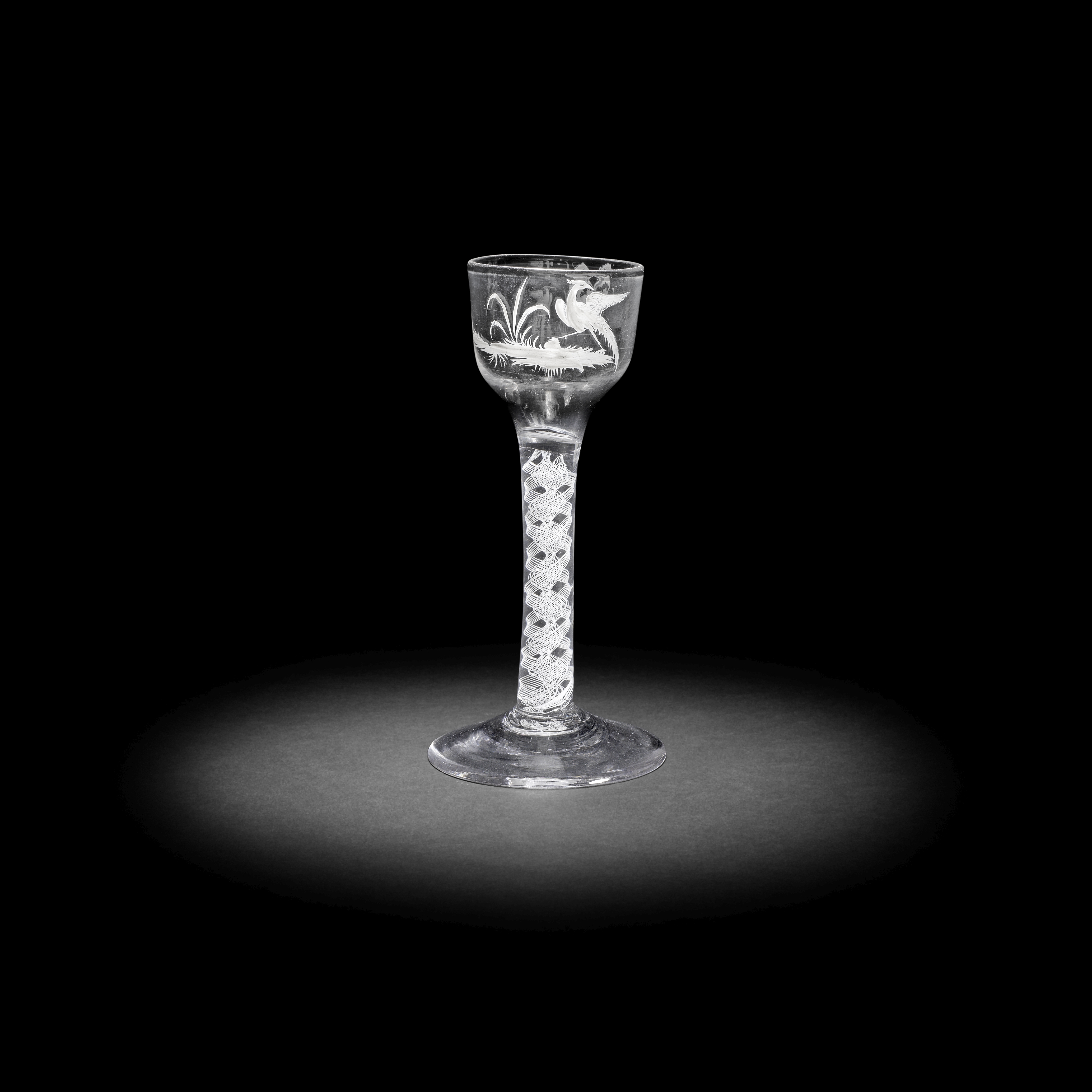A fine Beilby enamelled opaque twist wine glass, circa 1765-70