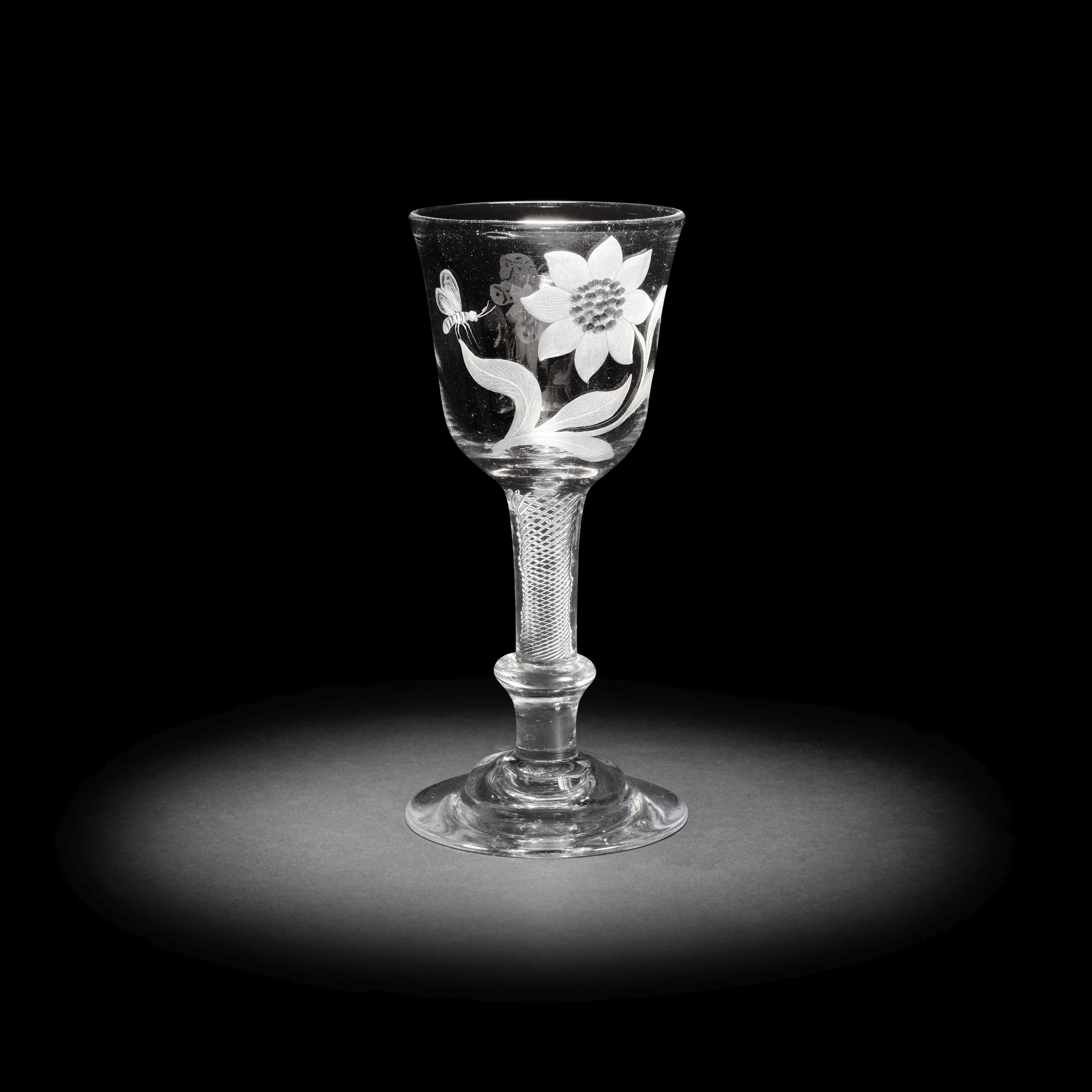 An engraved composite stem wine glass of possible Jacobite significance, circa 1750