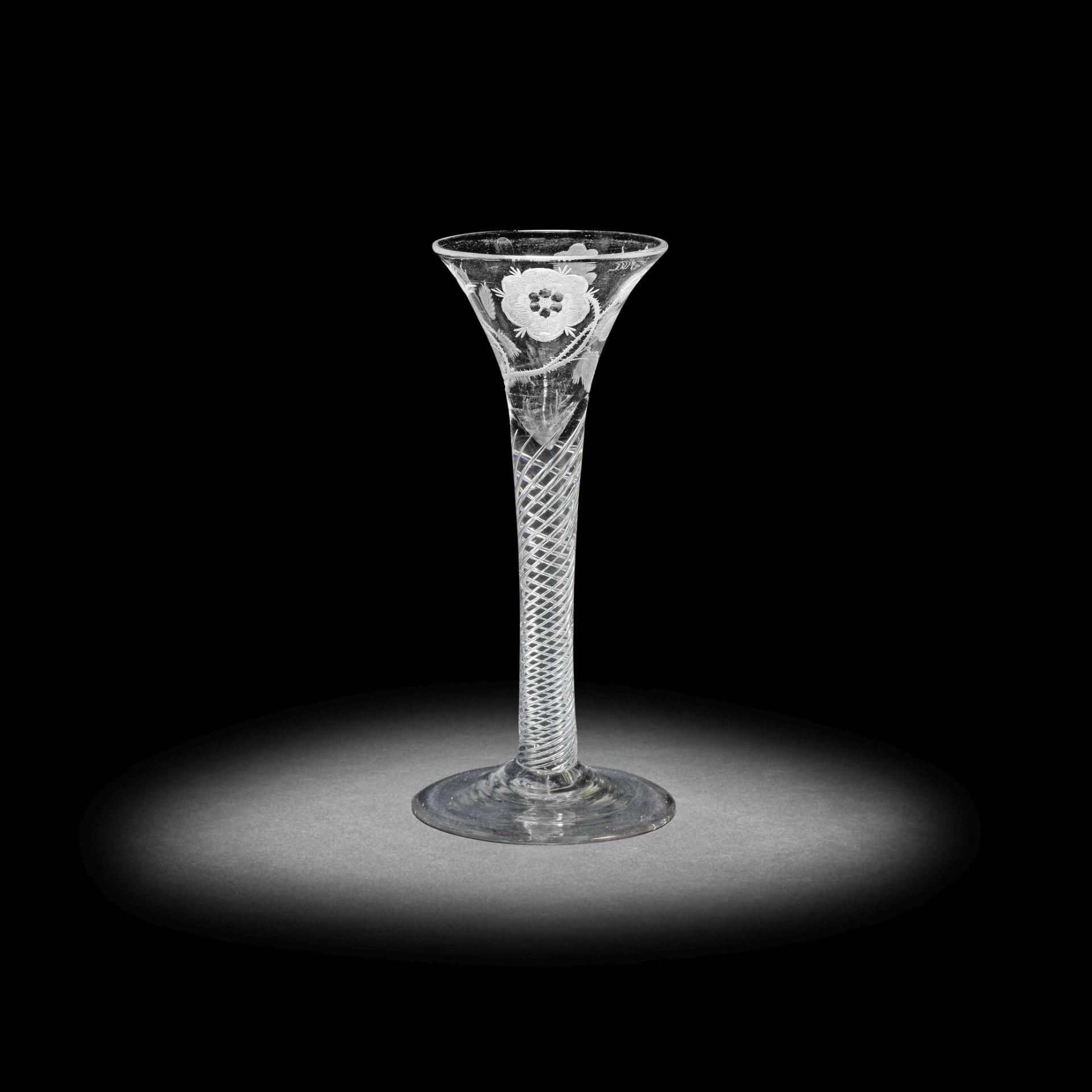 A fine Jacobite engraved airtwist small wine or cordial glass, circa 1750