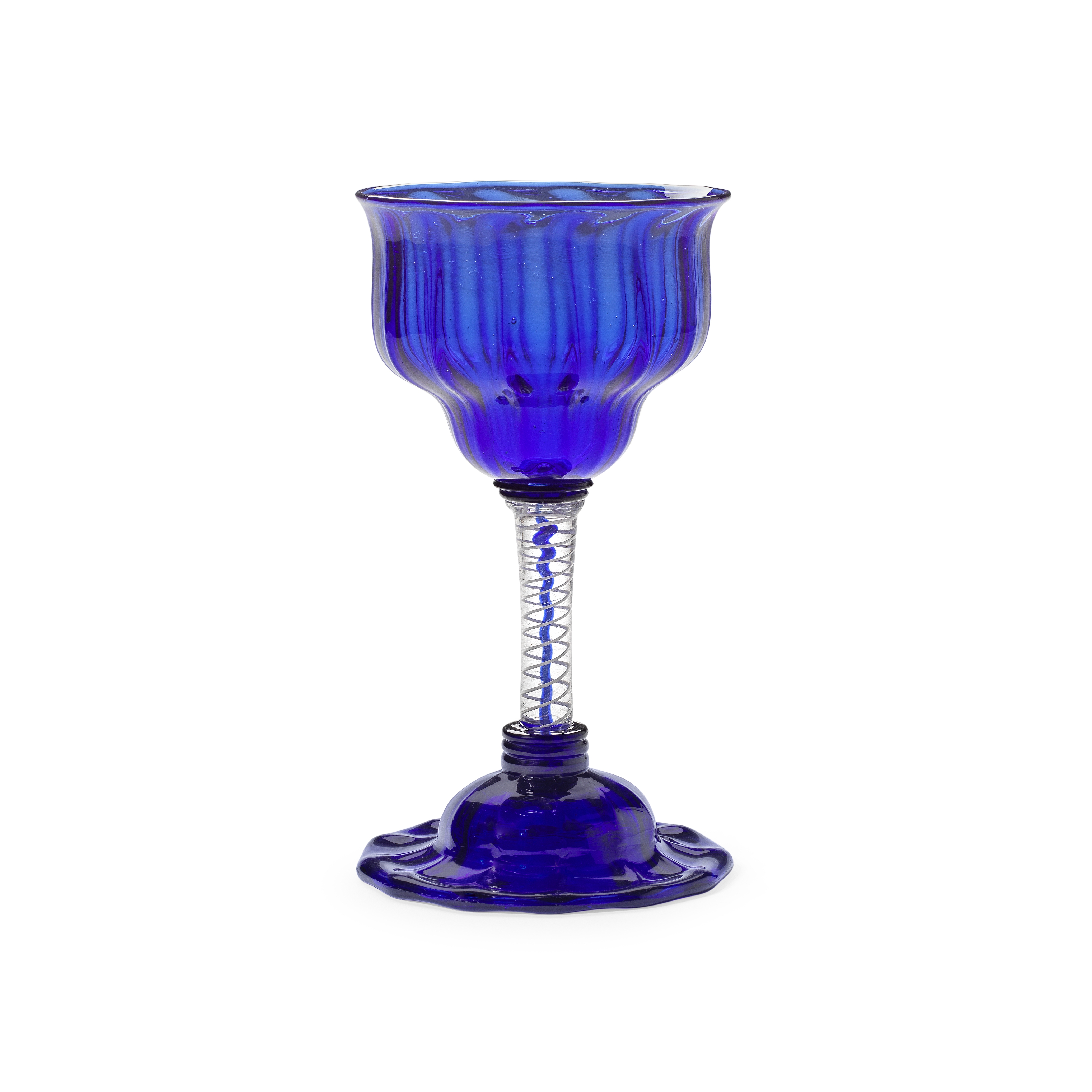 An exceptional blue colour twist sweetmeat or champagne glass, circa 1765