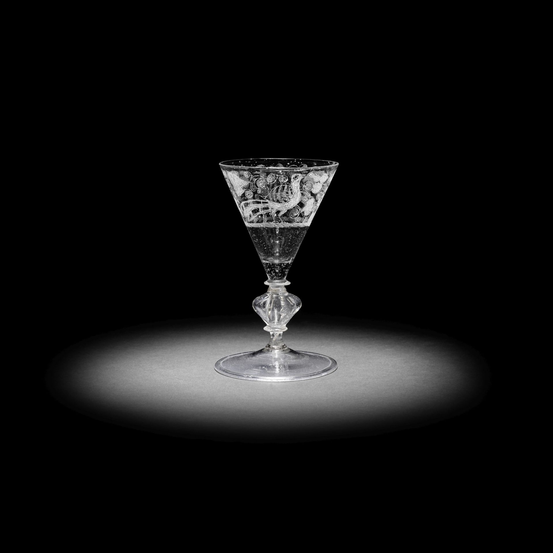 A rare Dutch engraved fa&#231;on de Venise wine glass, last quarter 17th century