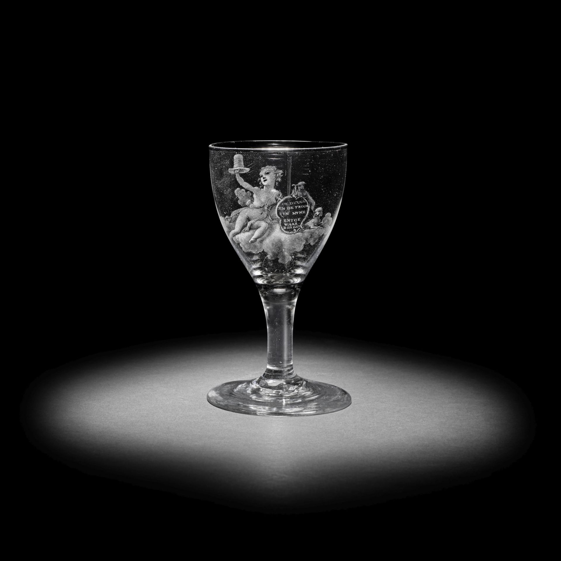 A fine Dutch stipple-engraved wine glass by David Wolff, circa 1780-87