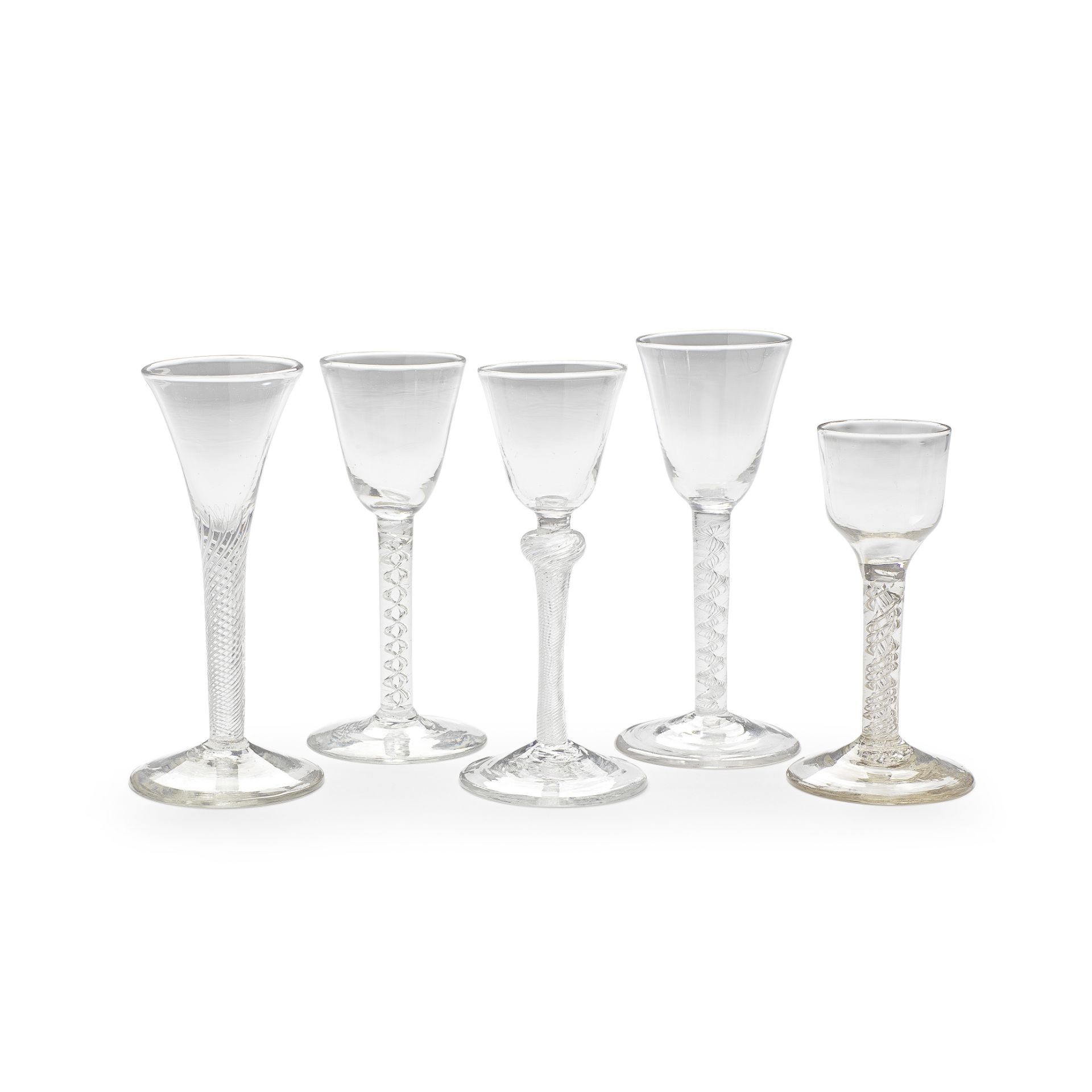 Five airtwist wine glasses, circa 1750