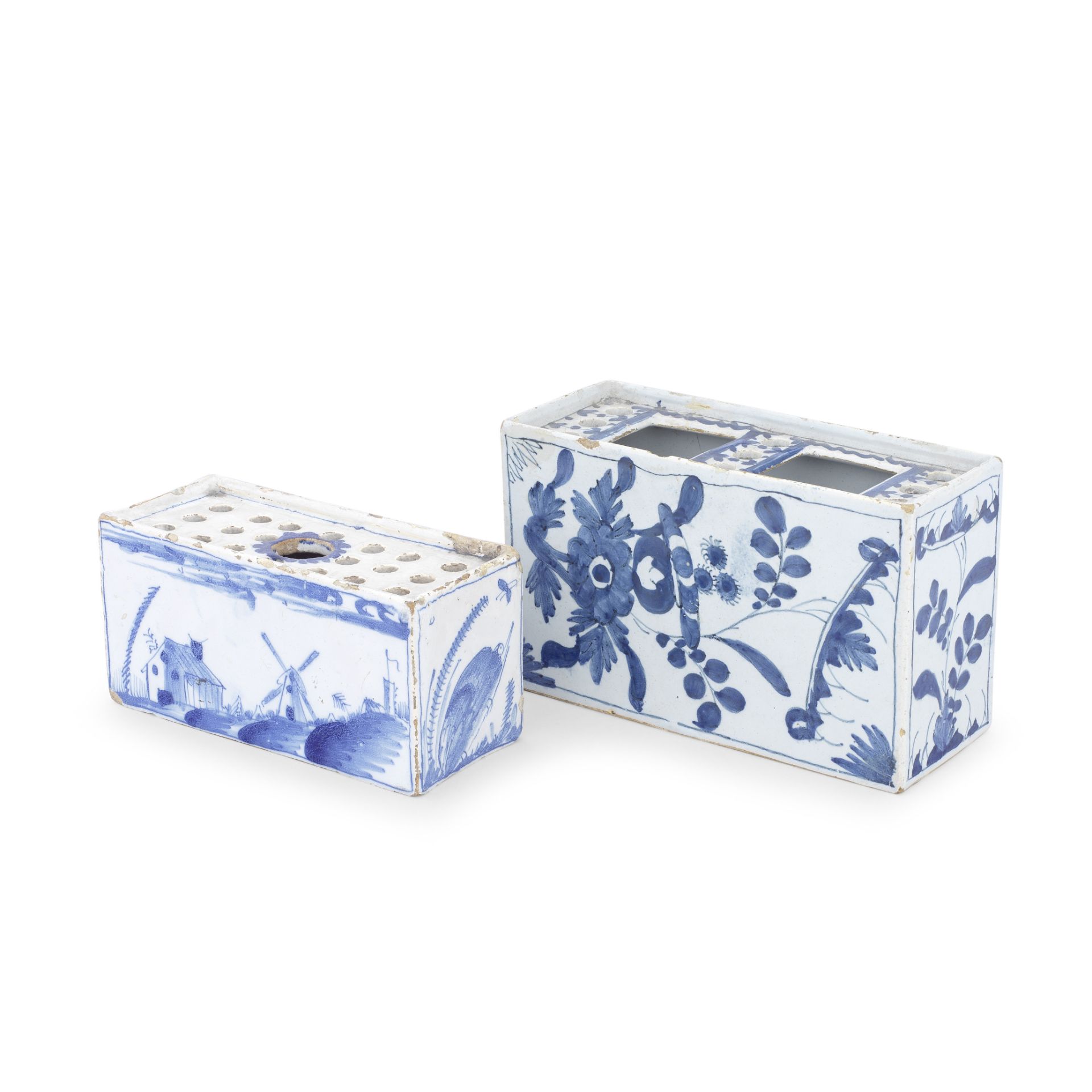 Two English delftware flower bricks, circa 1740-60