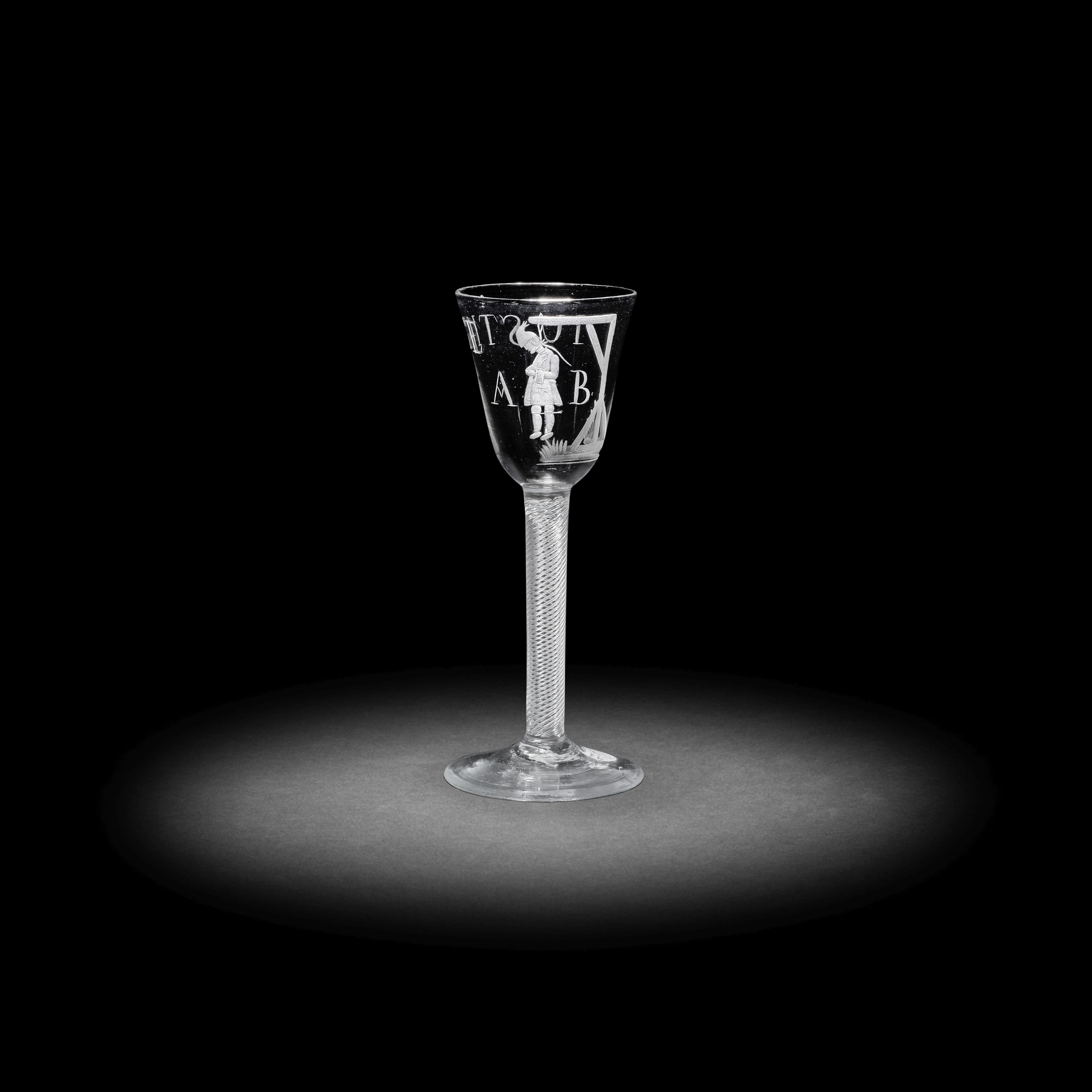 Admiral Byng: a rare engraved commemorative airtwist wine glass, circa 1750