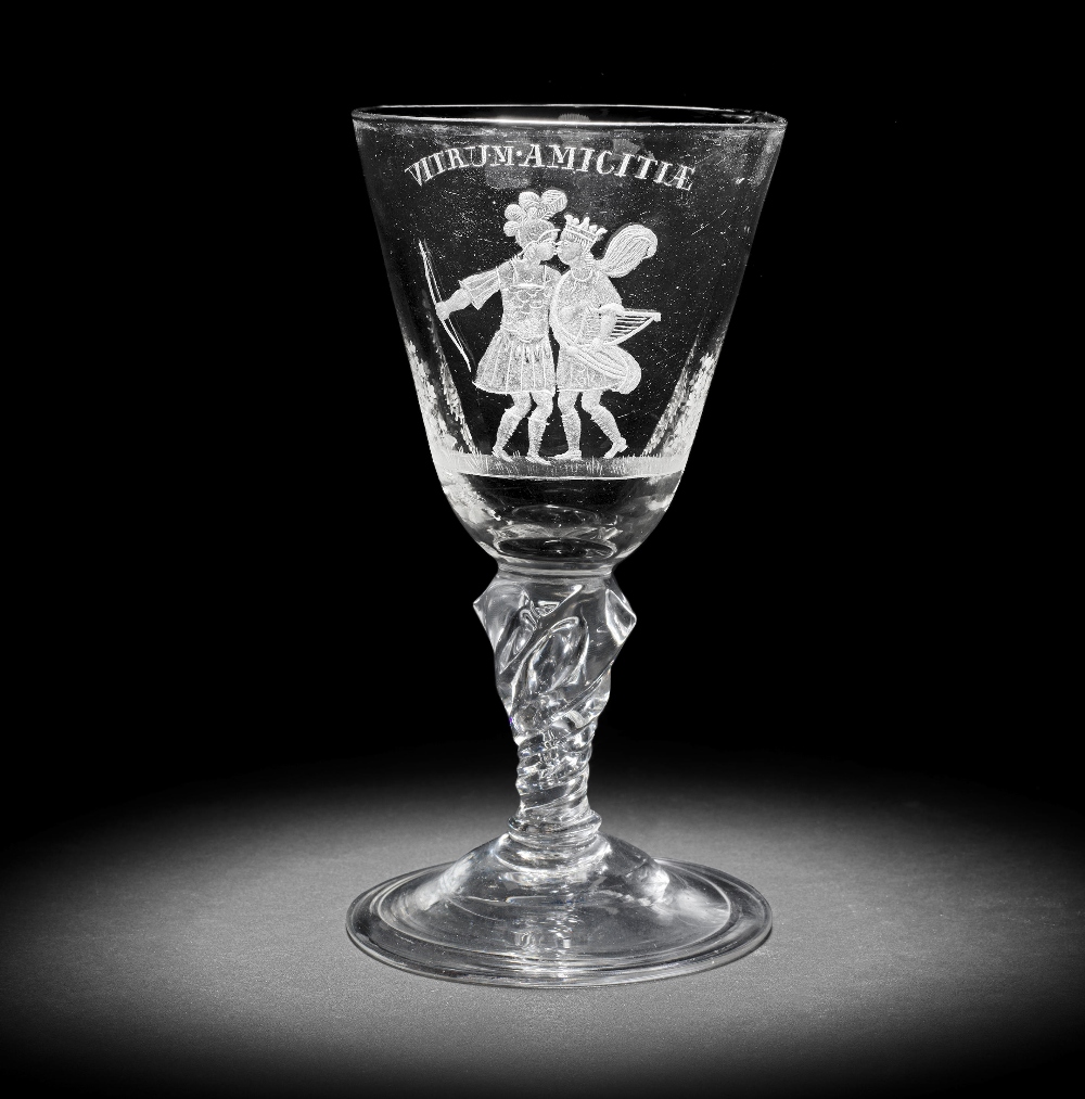 An exceptionally rare Dutch engraved armorial moulded-stem 'Friendship' goblet, circa 1720-30 - Image 2 of 2