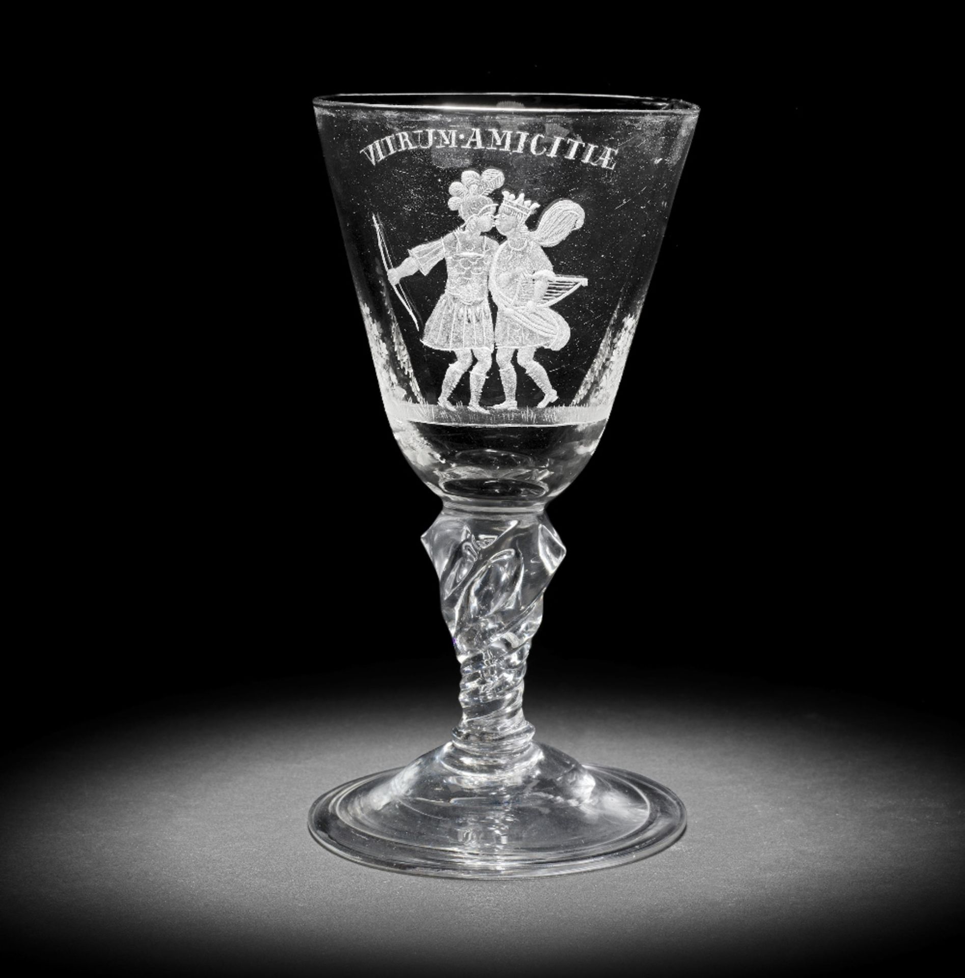 An exceptionally rare Dutch engraved armorial moulded-stem 'Friendship' goblet, circa 1720-30 - Bild 2 aus 2