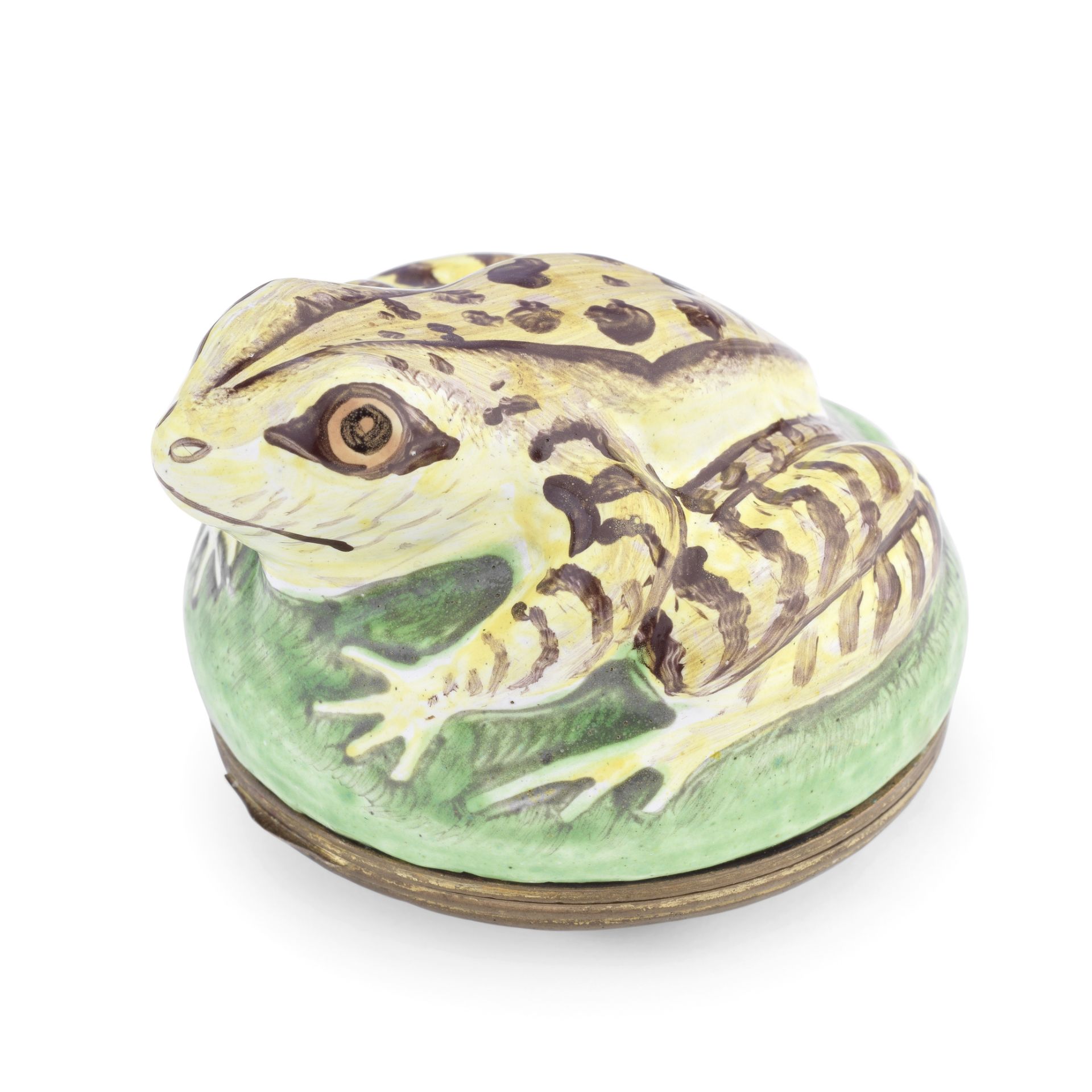 A Birmingham or South Staffordshire enamel frog bonbonni&#232;re, circa 1770