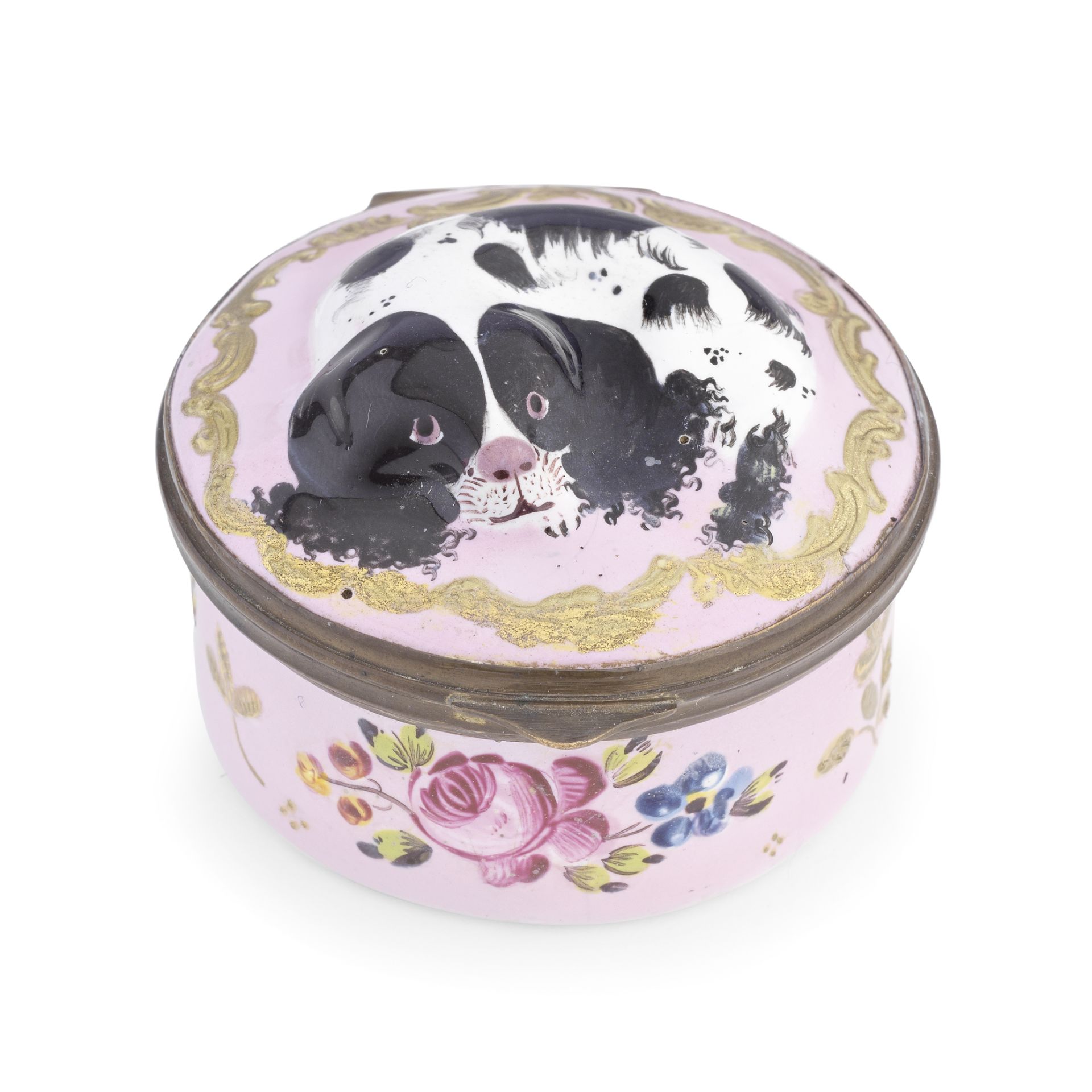 A South Staffordshire enamel spaniel patch box, circa 1770-80