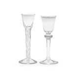 An airtwist cordial glass and a baluster wine or cordial glass, circa 1750