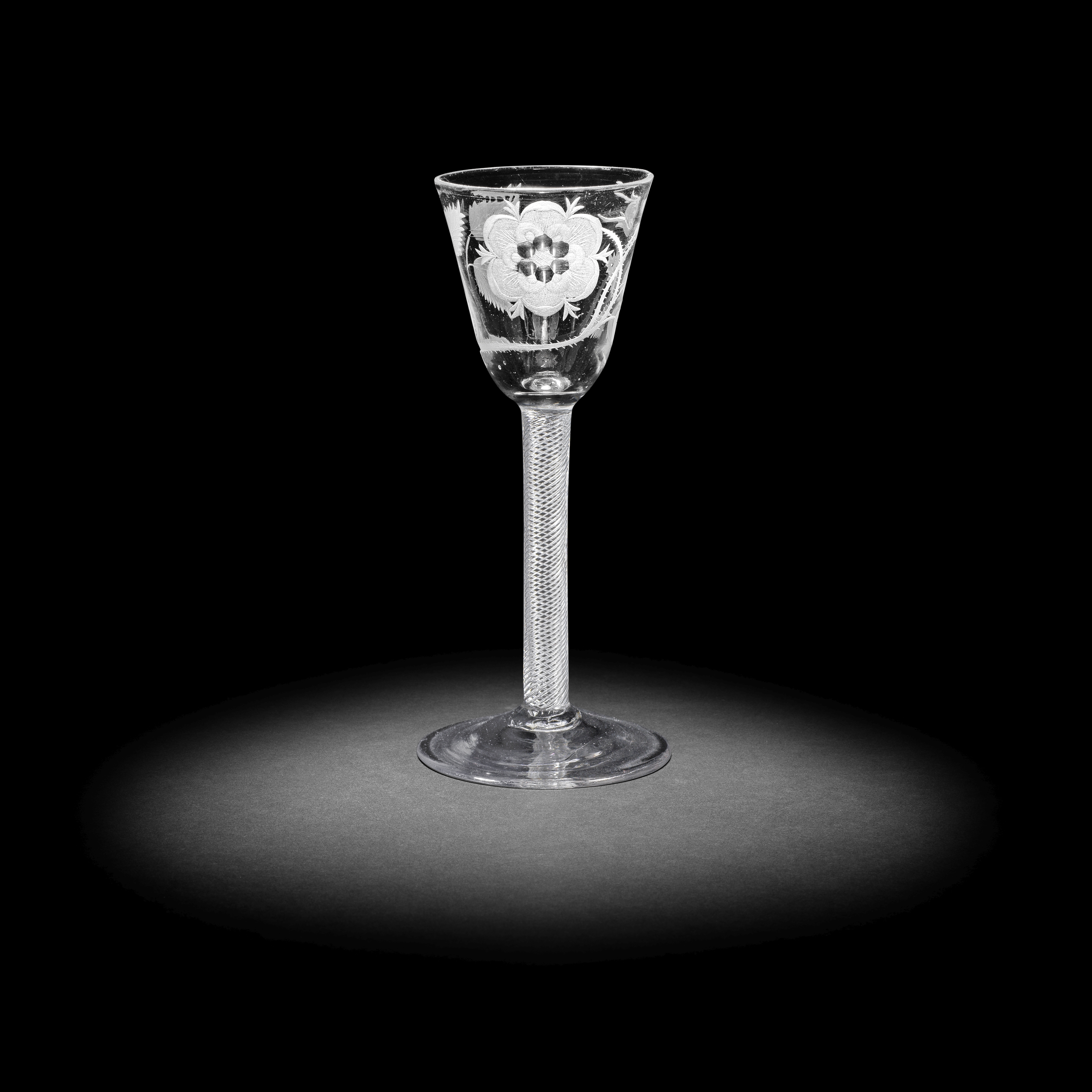 A Jacobite engraved airtwist wine glass, circa 1750