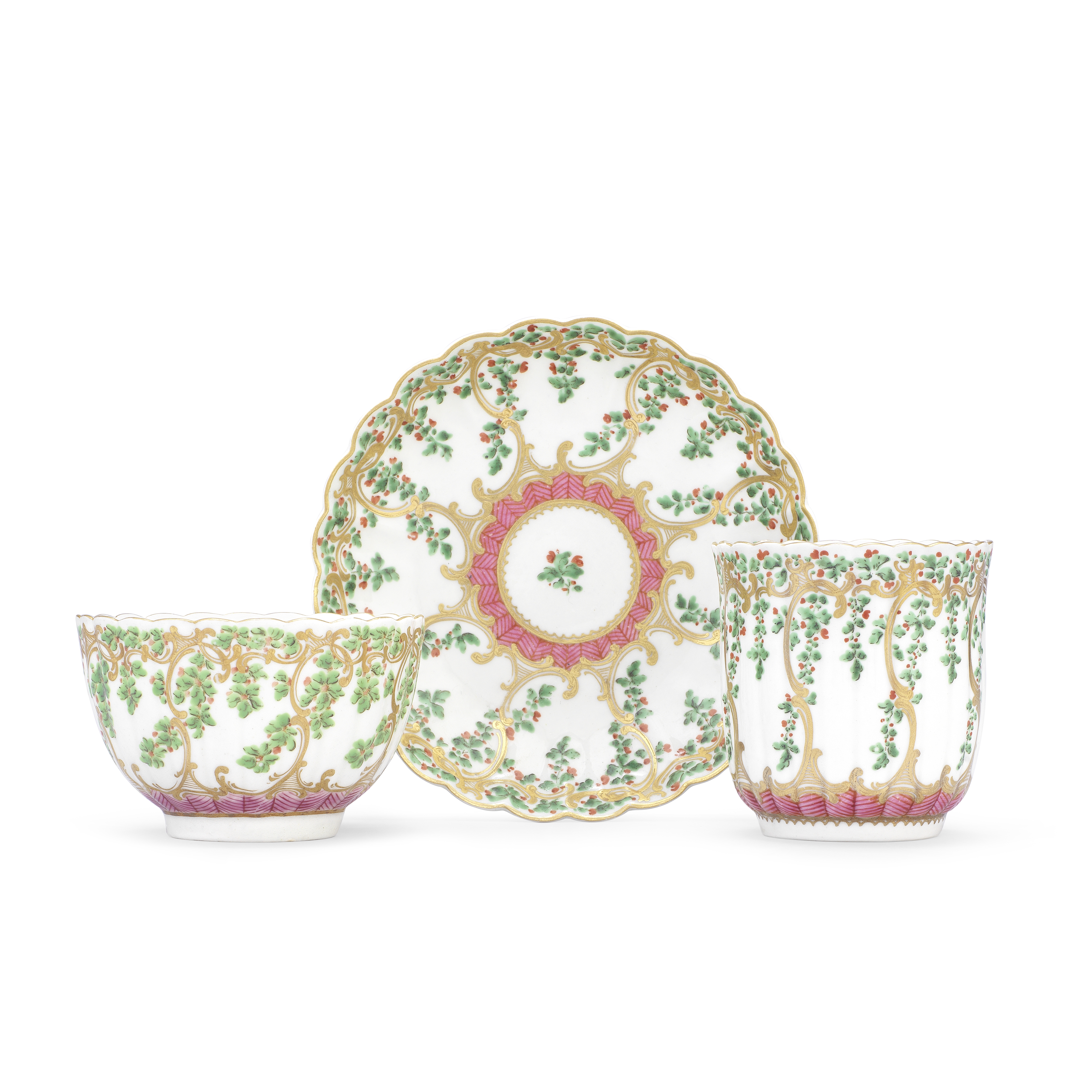 A Worcester teacup, coffee cup and saucer, circa 1770-75