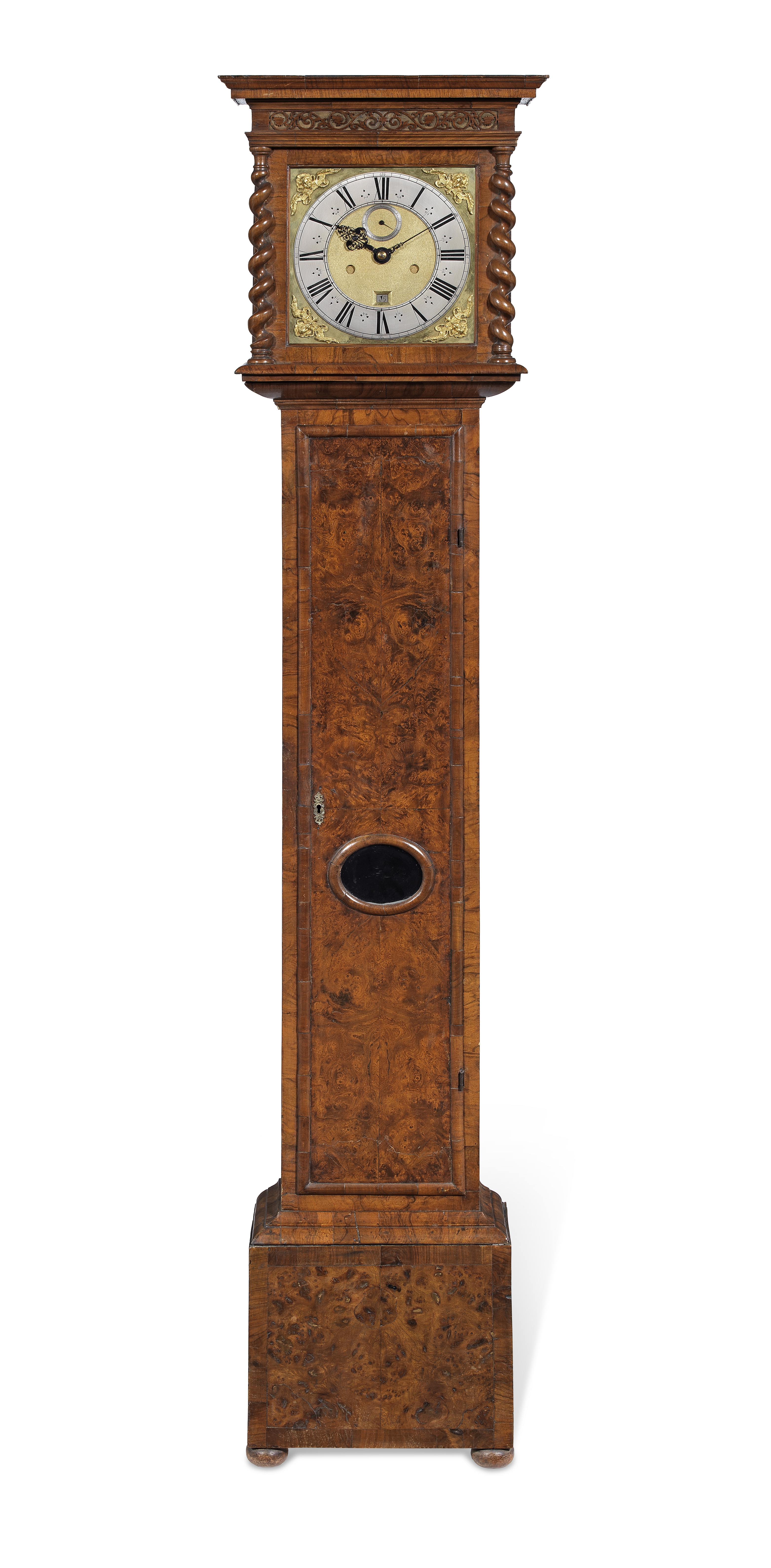 A LATE 17TH CENTURY BURR WALNUT VENEERED LONGCASE CLOCK WITH TEN-INCH DIAL AND BOLT-AND-SHUTTER M...