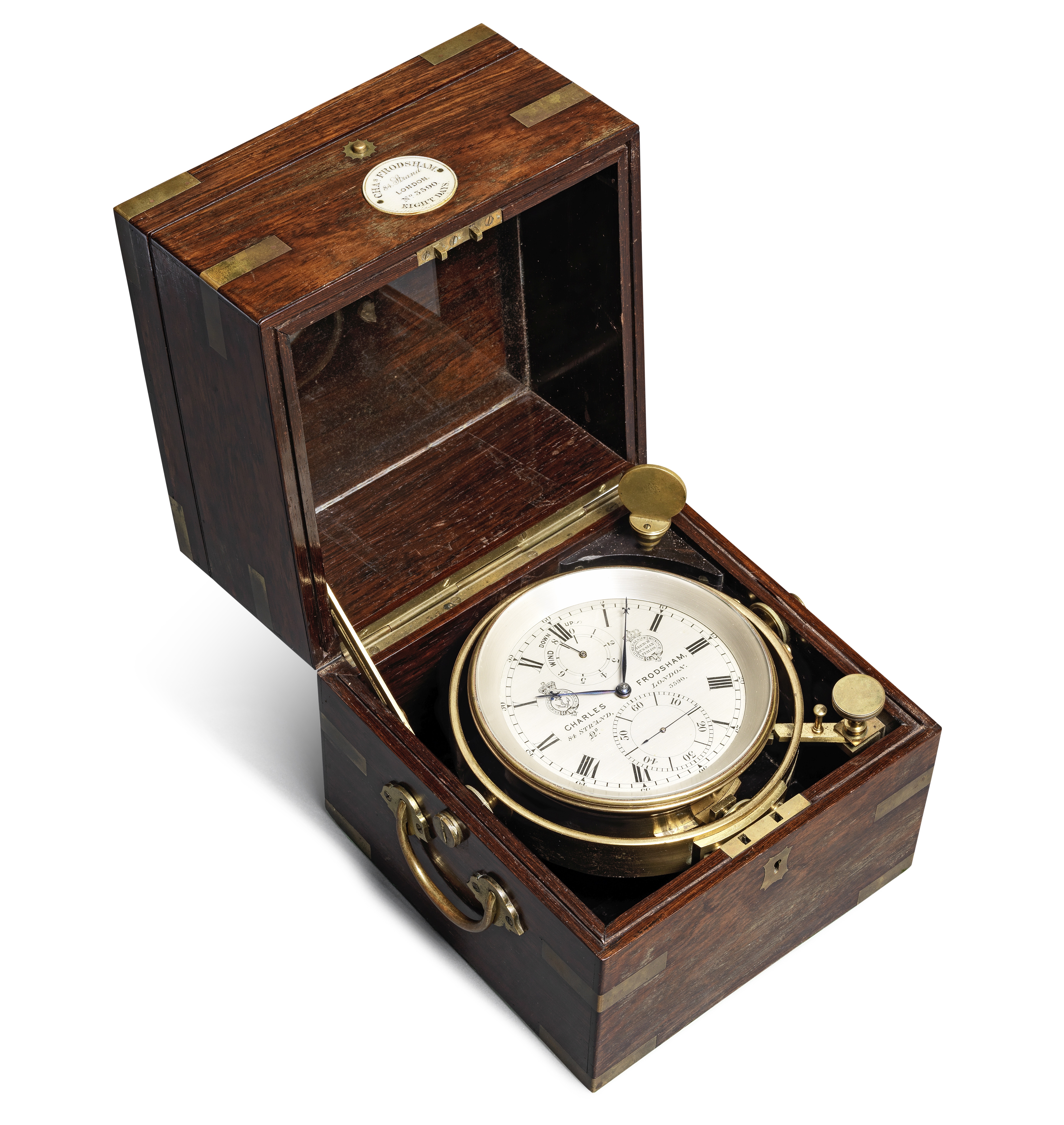 A rare and impressive late 19th century brass-bound rosewood eight-day marine chronometer with mi...