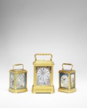 A good late 19th century French gilt brass gorge-cased bell-striking carriage clock set with five...