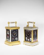 A good late 19th Century French lacquered and silvered brass anglaise riche carriage clock with t...