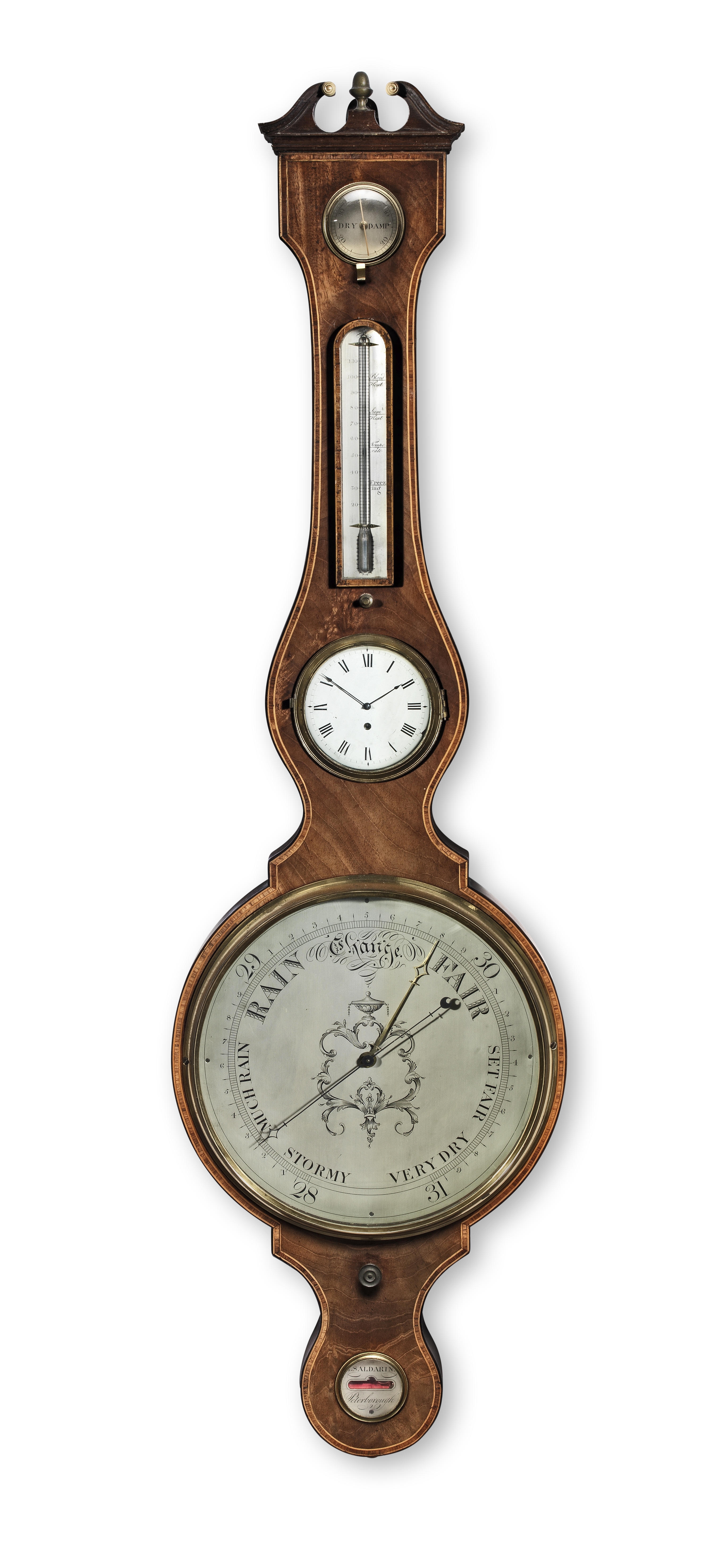 A rare early 19th century kingwood-banded mahogany wheel barometer with timepiece J Saldarini, Pe...