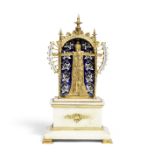 A French brass, marble and enamel automata 'Bras en l'air' mystery clock The back of the front pa...