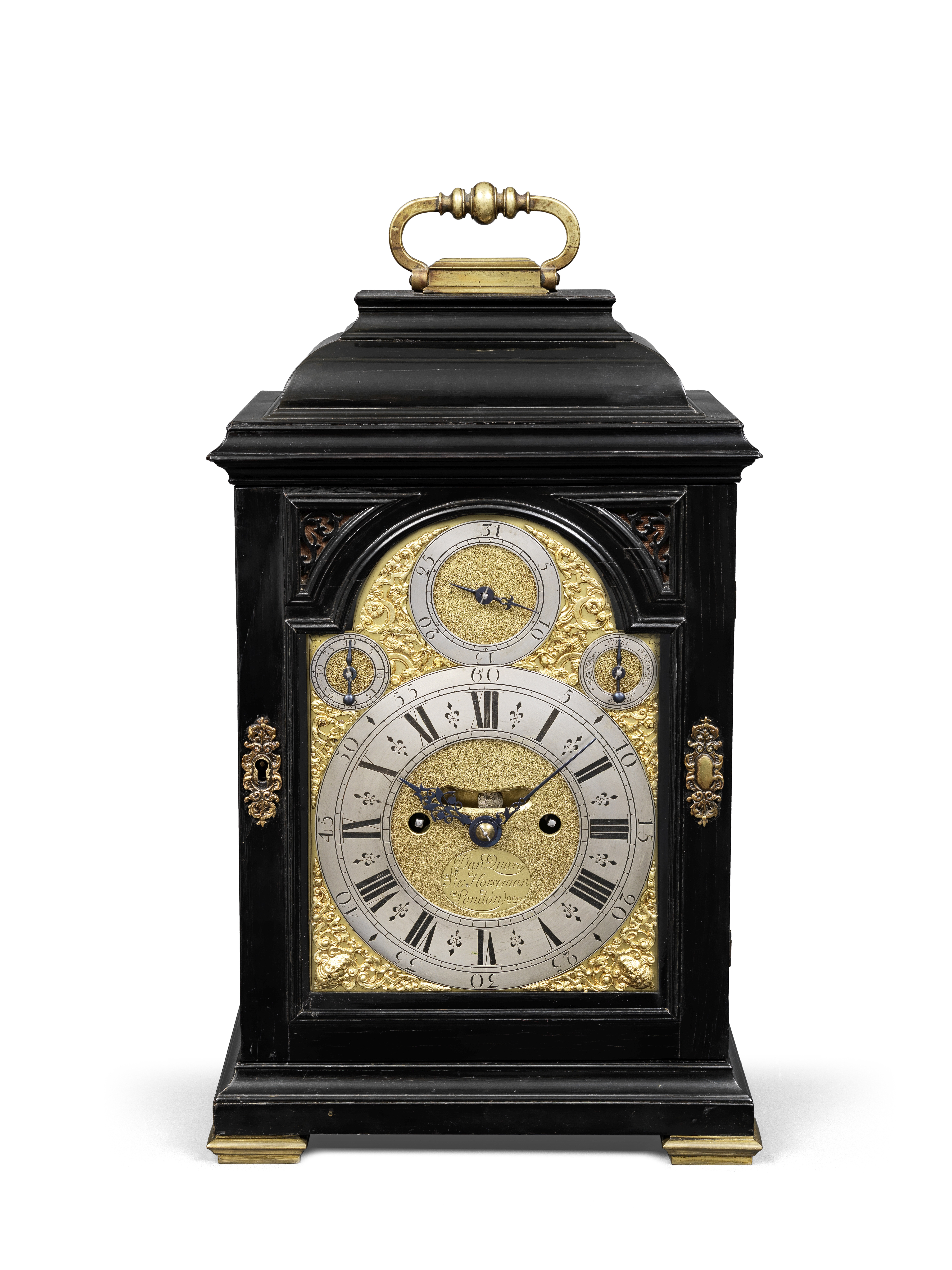 A good first half of the 18th century ebony veneered quarter repeating table clock Quare and Hors...