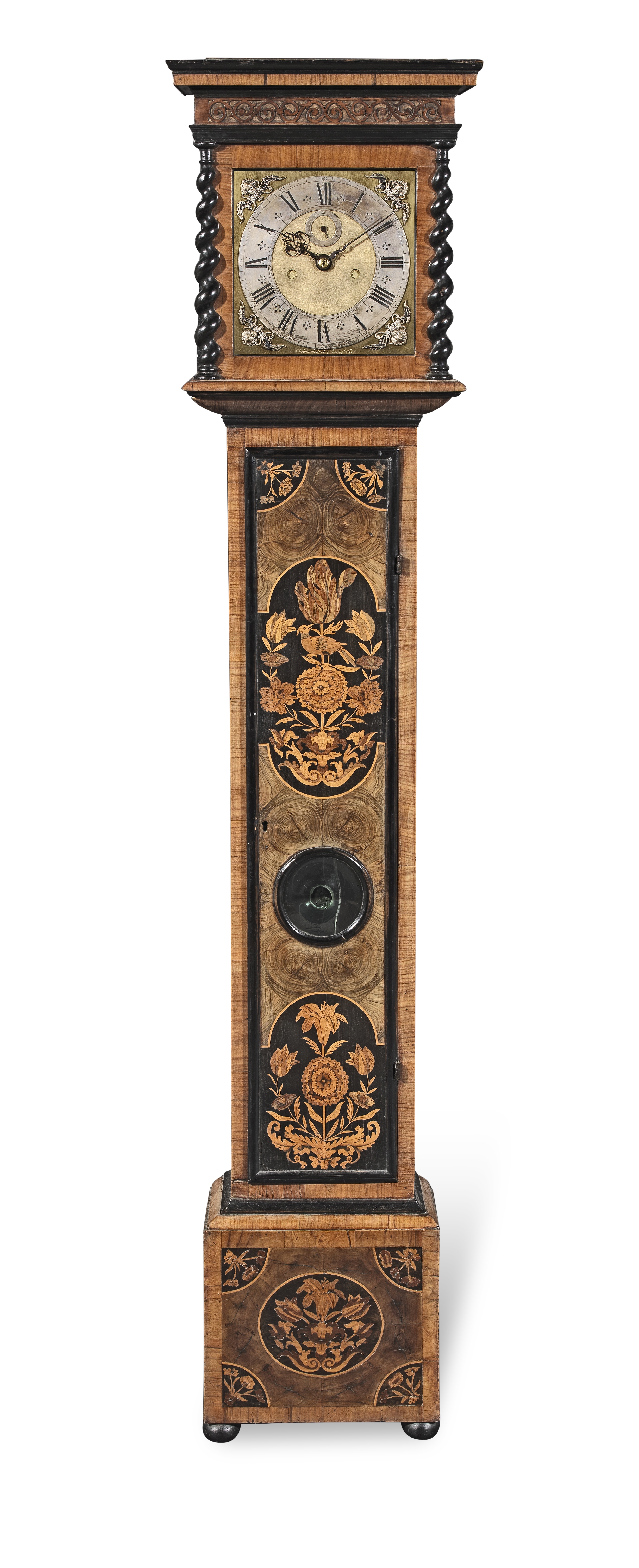 A good late 17th century walnut marquetry-inlaid and laburnum oyster-veneered longcase clock with...