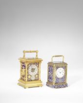 A fine and rare late 19th Century French brass grande-sonnerie striking carriage clock set with e...