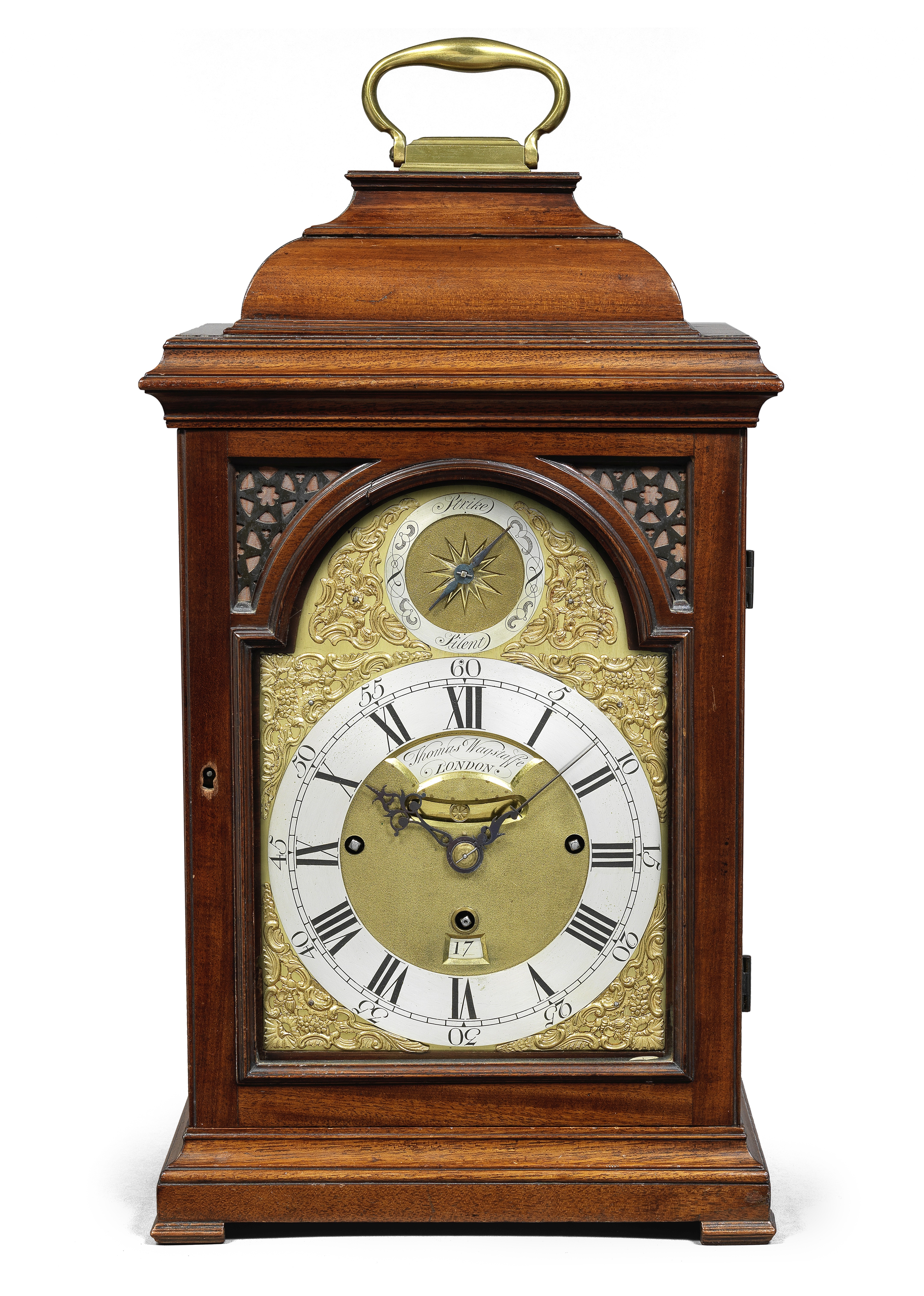 A second half of the 18th century mahogany quarter chiming table clock with seven-pillar movement...