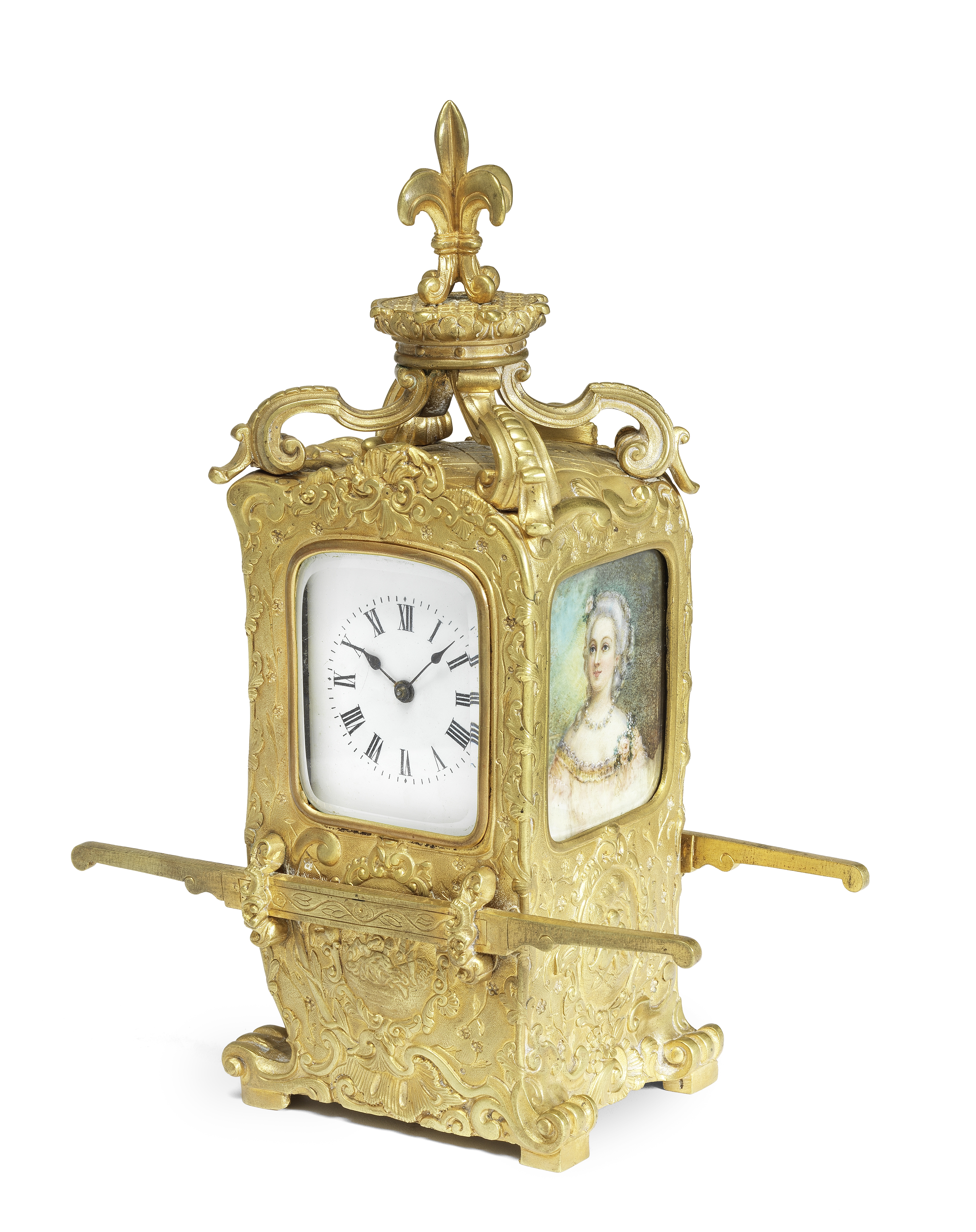 A rare late 19th/early 20th century gilt French novelty clock in the form of a Sedan Chair Maple...