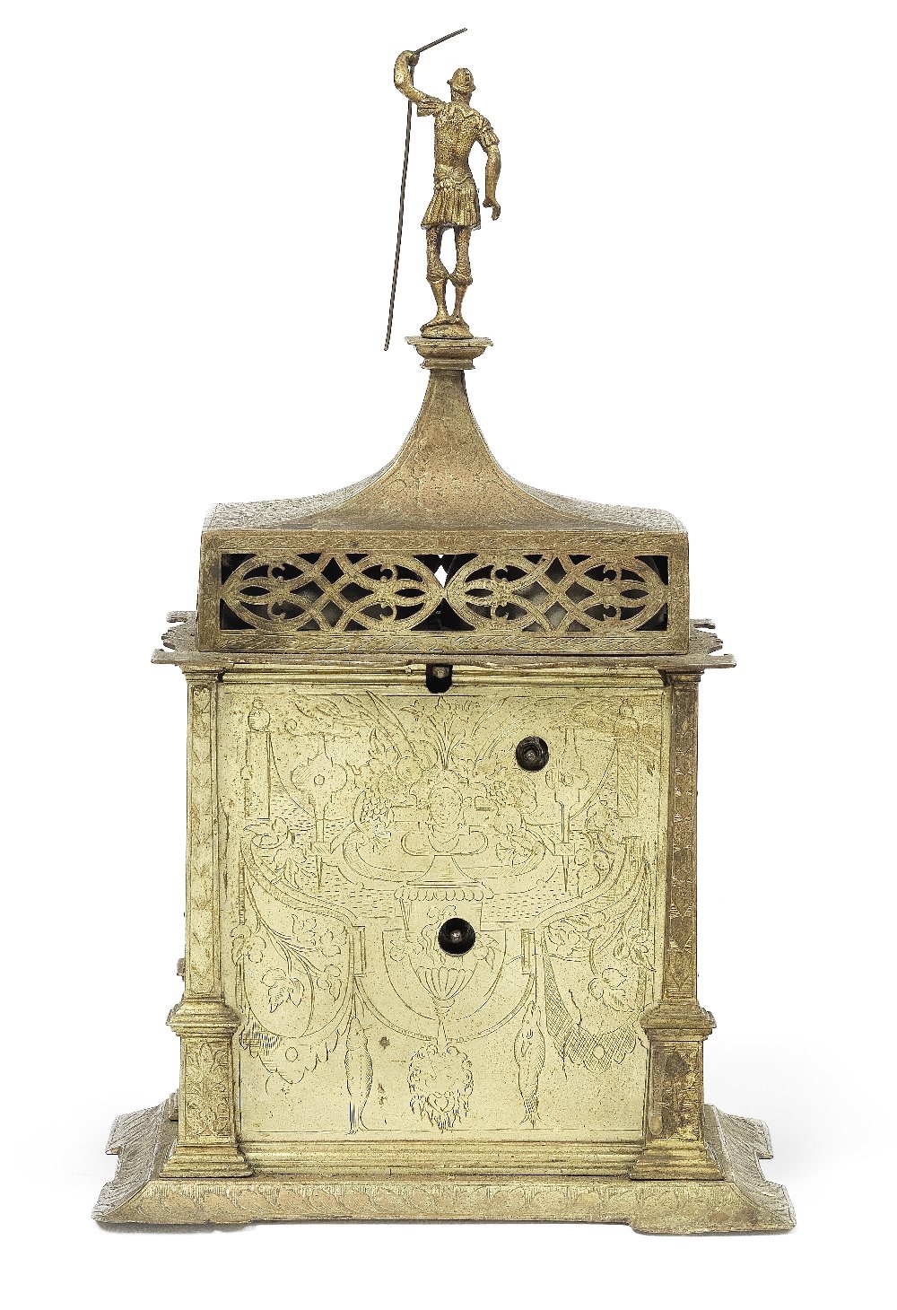 A rare early 17th century German gilt and engraved brass table clock - Image 2 of 5