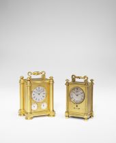 A FINE MID 19TH CENTURY ENGINE TURNED GILT BRASS CARRIAGE TIMEPIECE WITH SUBSIDIARY SECONDS AND C...