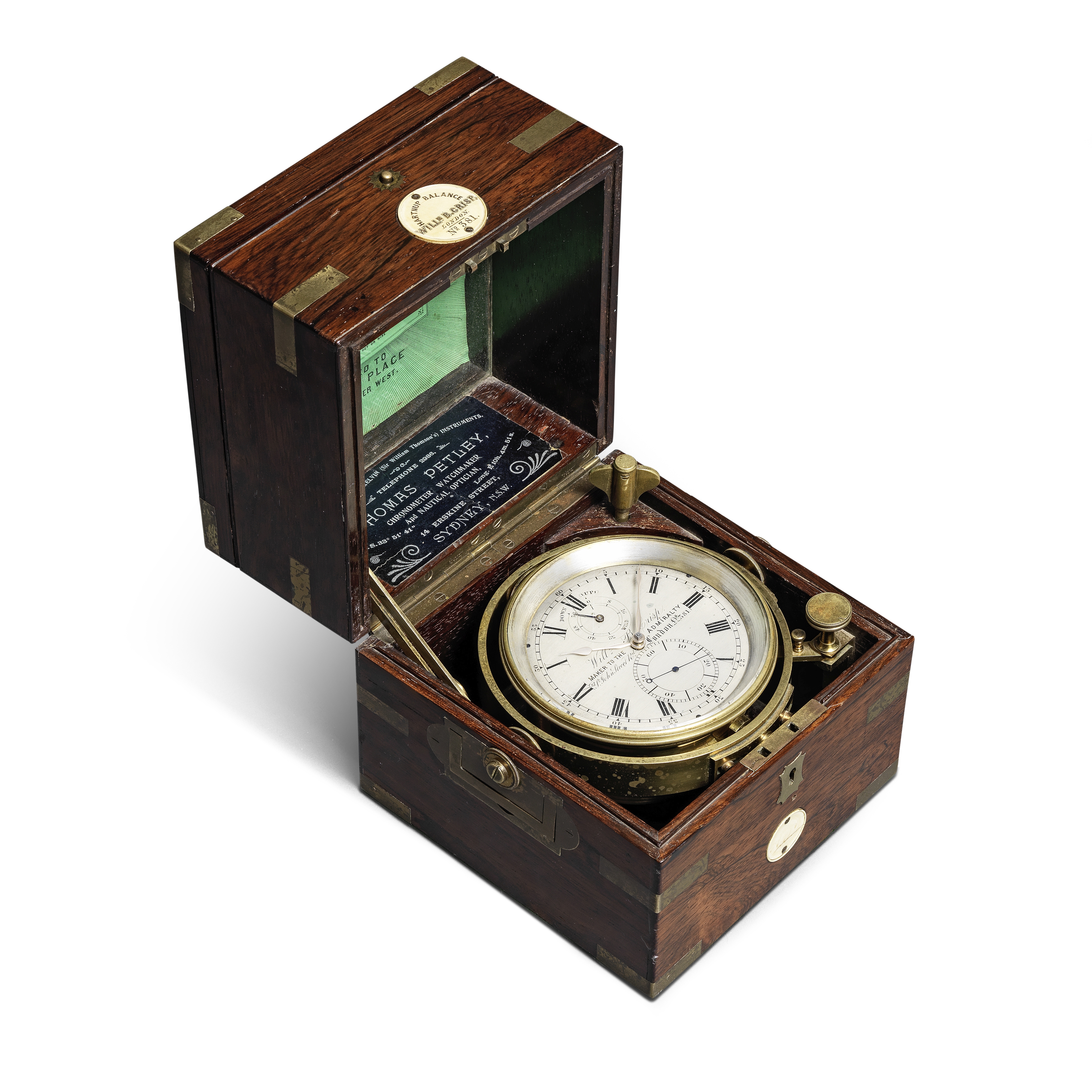 An extremely rare and fine mid-19th century brass-bound rosewood two-day marine chronometer with ...