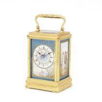 A late 19th century French Sevres-style porcelain panelled carriage clock by Drocourt Retailed by...