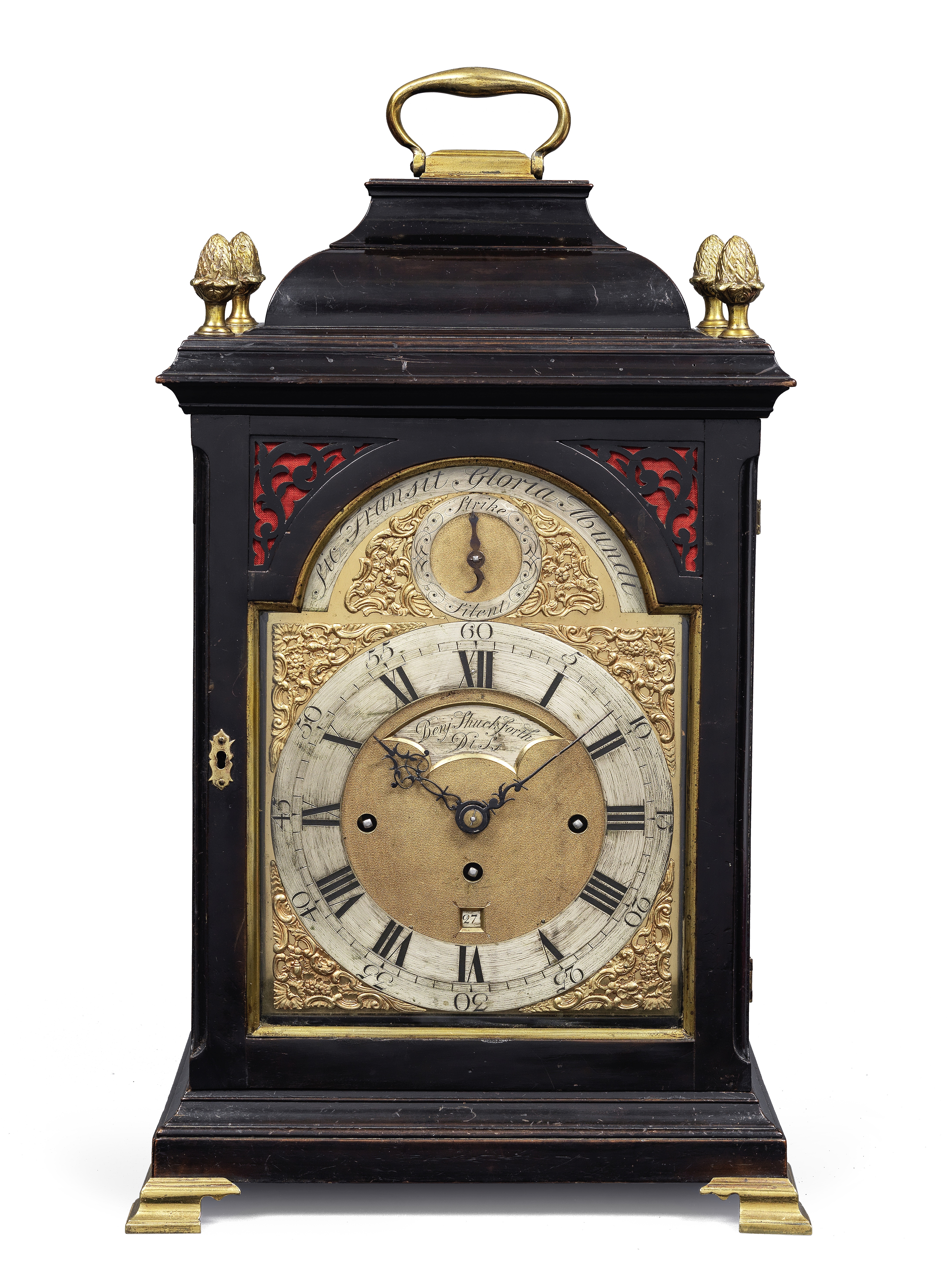 A mid-18th century ebonised table clock with quarter chime on ten bells and hammers Benjamin Shuc...