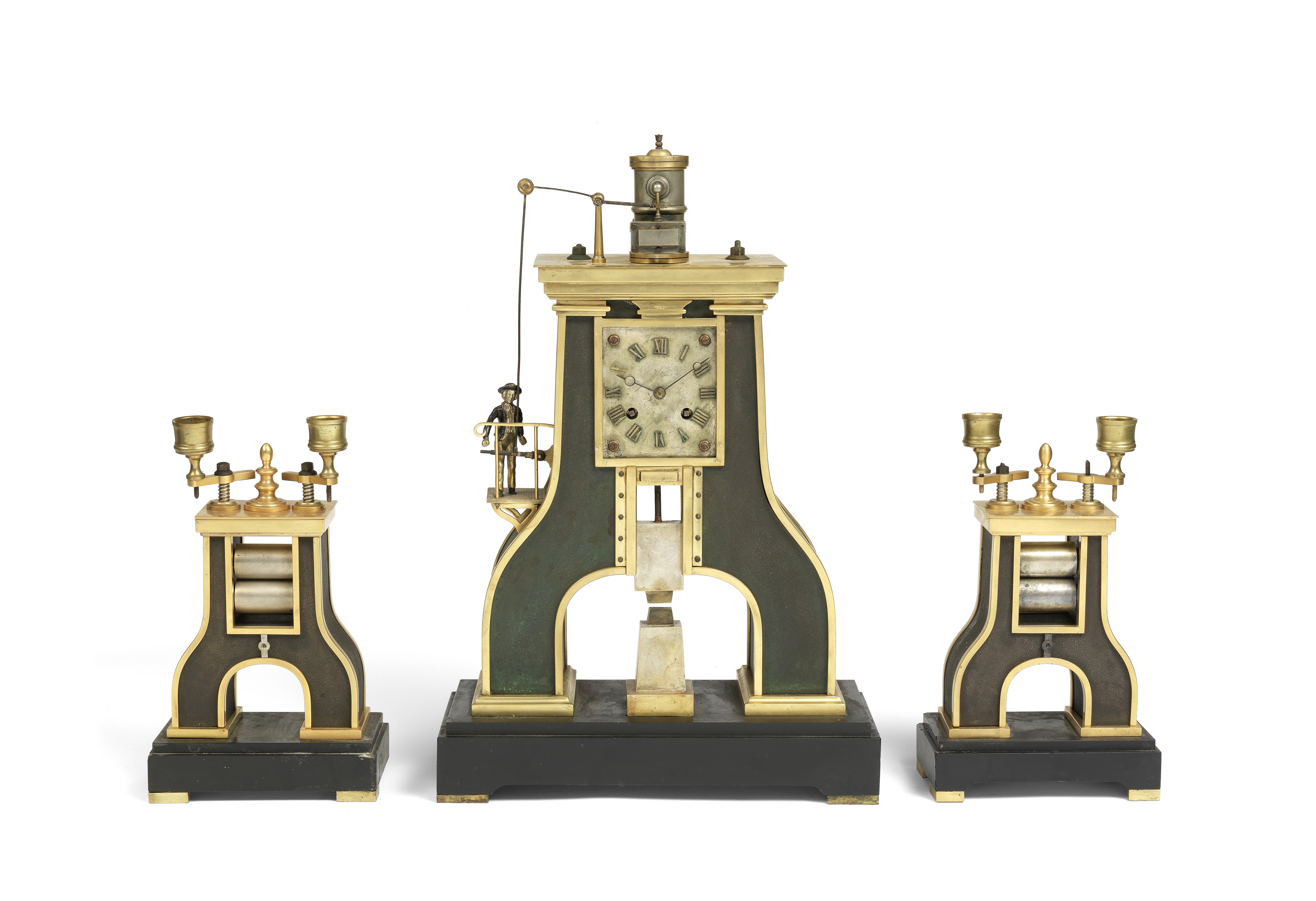 A rare late 19th century French gilt and patinated brass automata Industrial steam hammer clock g...