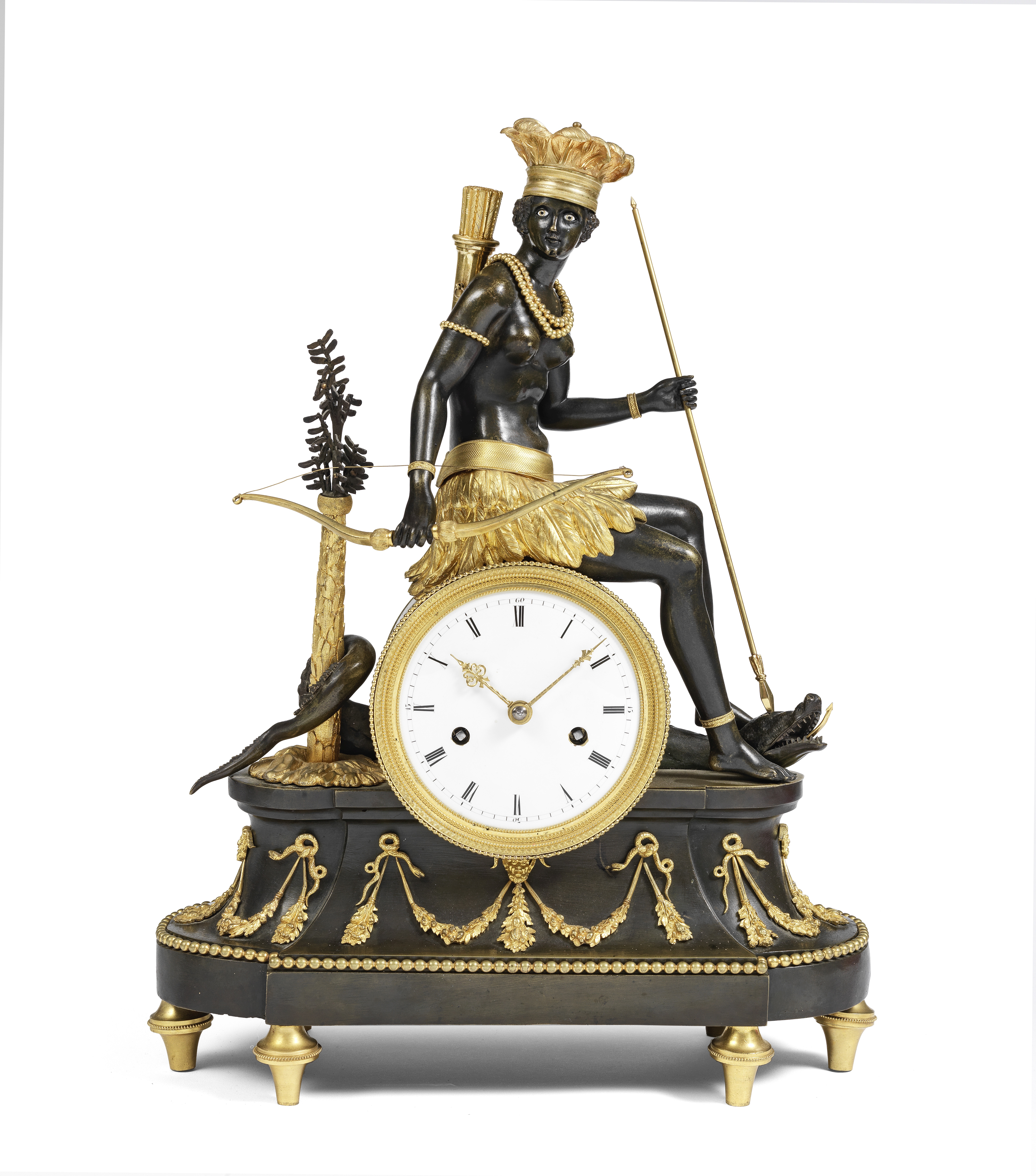 A fine and rare early 19th century French Gilt and Patinated bronze Pendule L'amerique after Deve...