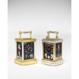 A fine and rare late 19th Century French silvered and gilt brass carriage clock set with three Li...