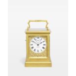A good and rare mid-19th century English gilt brass giant quarter chiming carriage clock with Dup...