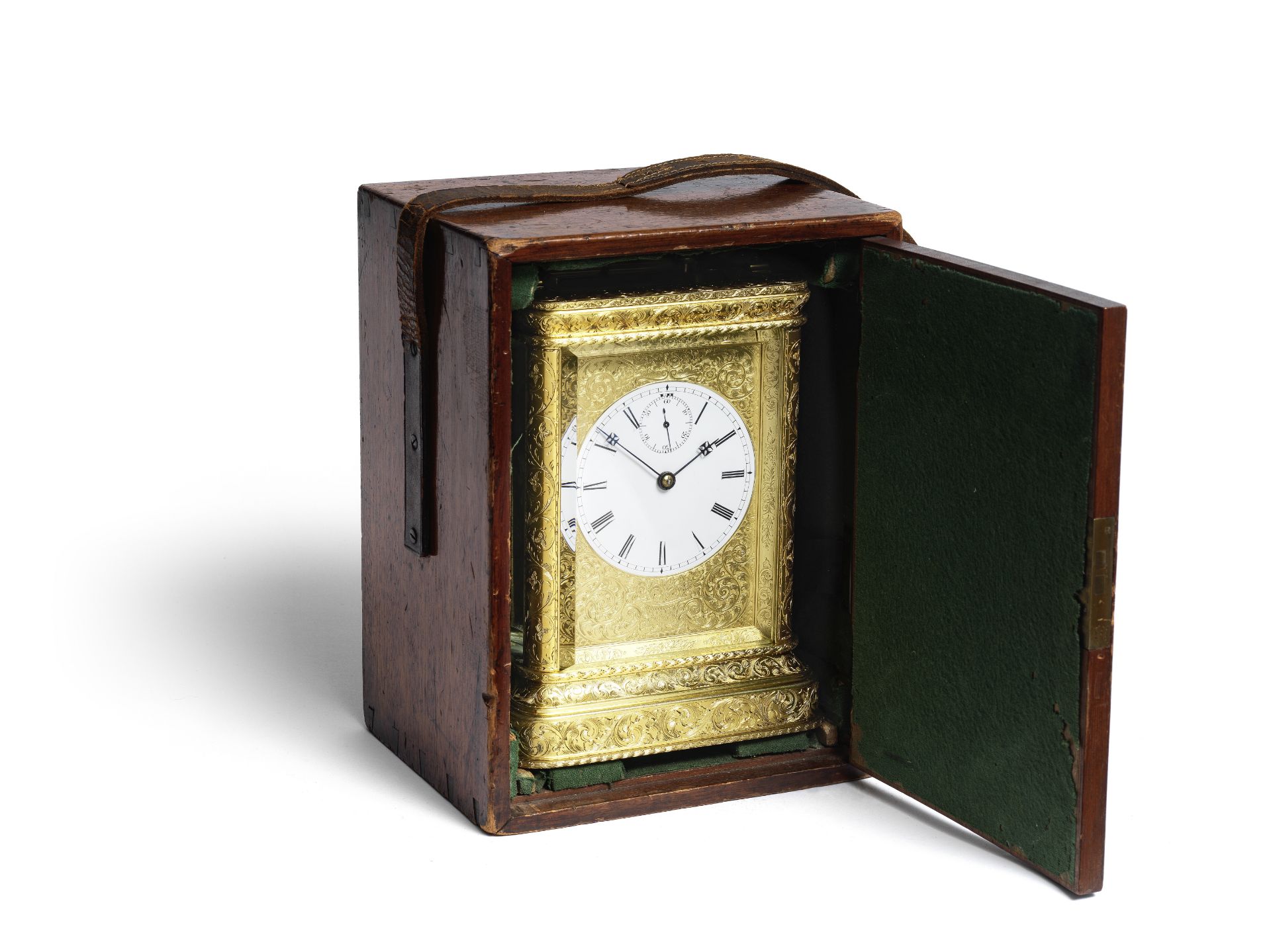 A very fine mid 19th Century English giant engraved brass carriage clock in the original baize-li...