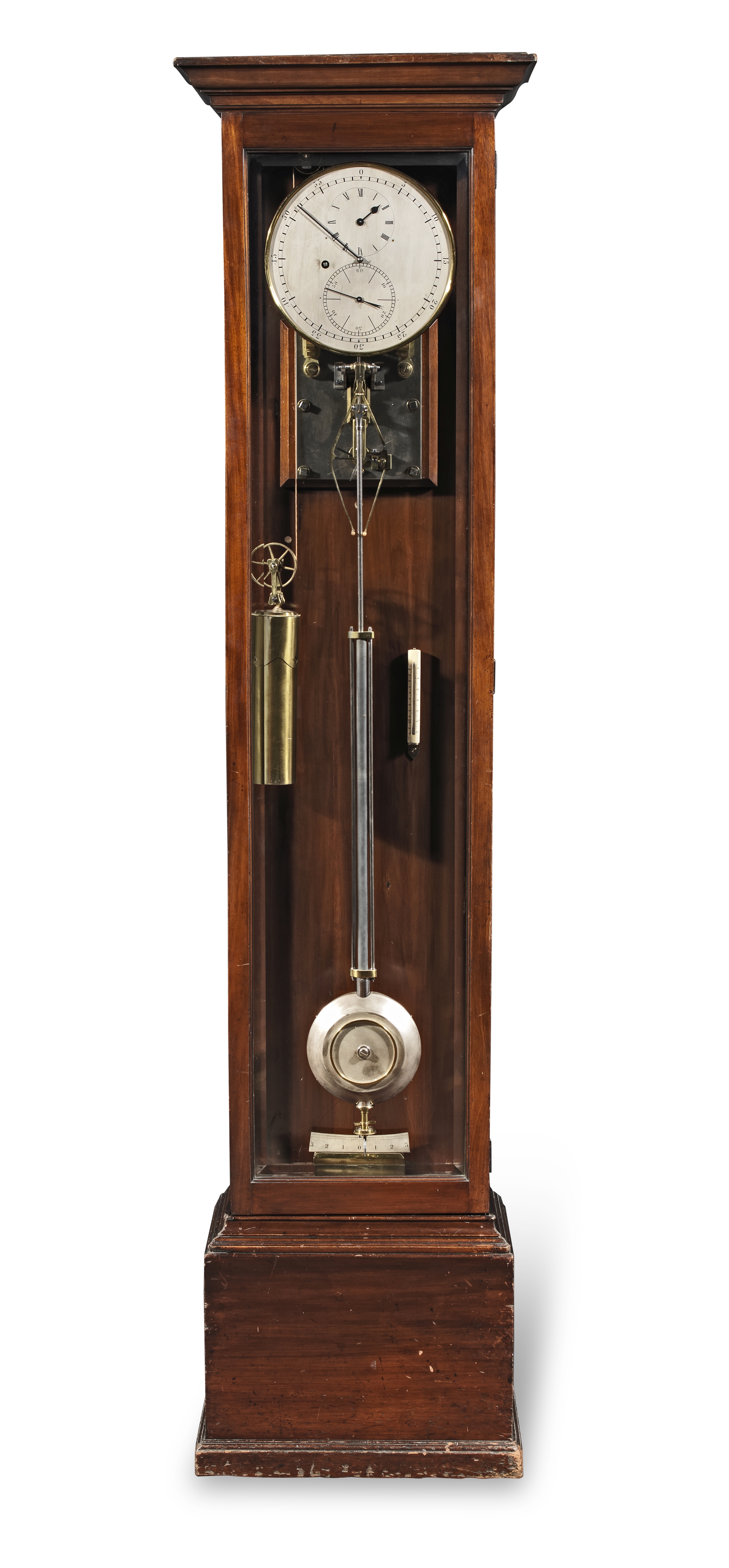 A fine and rare mid-late 19th century mahogany floor standing regulator with four-legged gravity ...