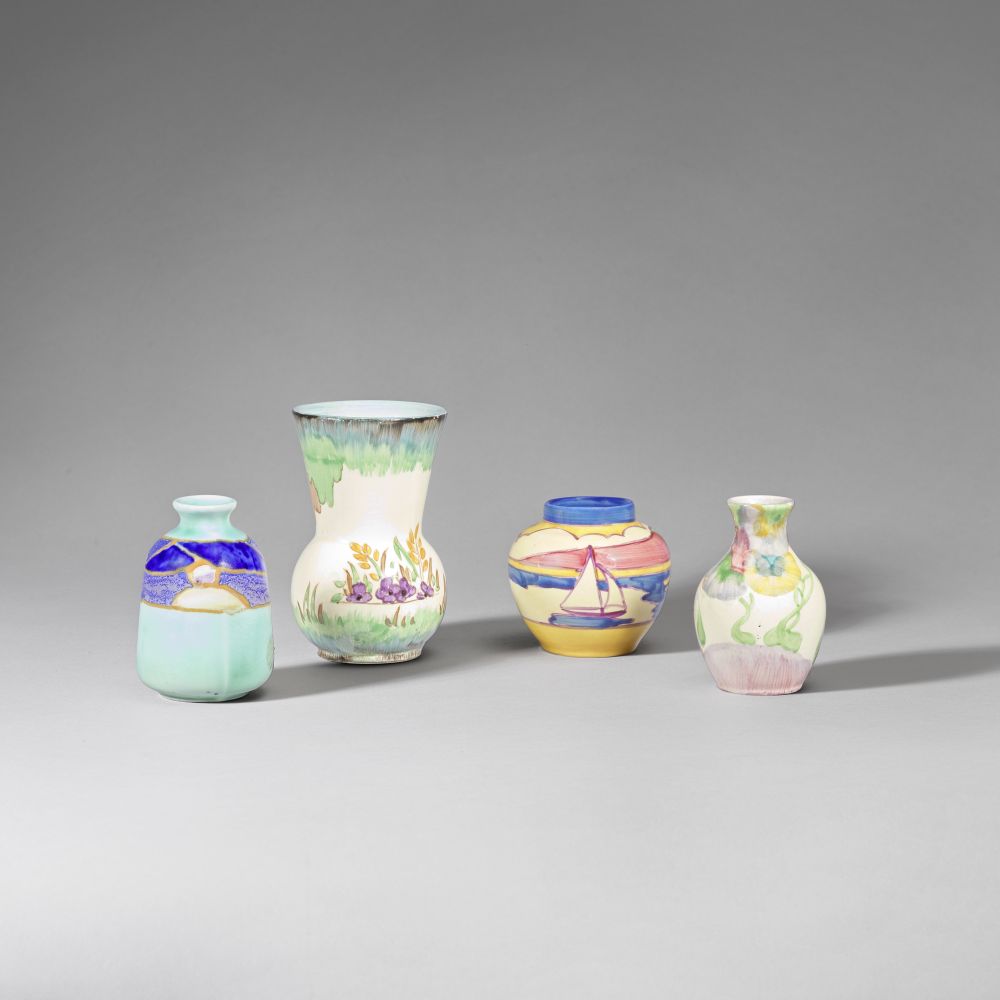 Clarice Cliff Four miniature vases, 1930-1936