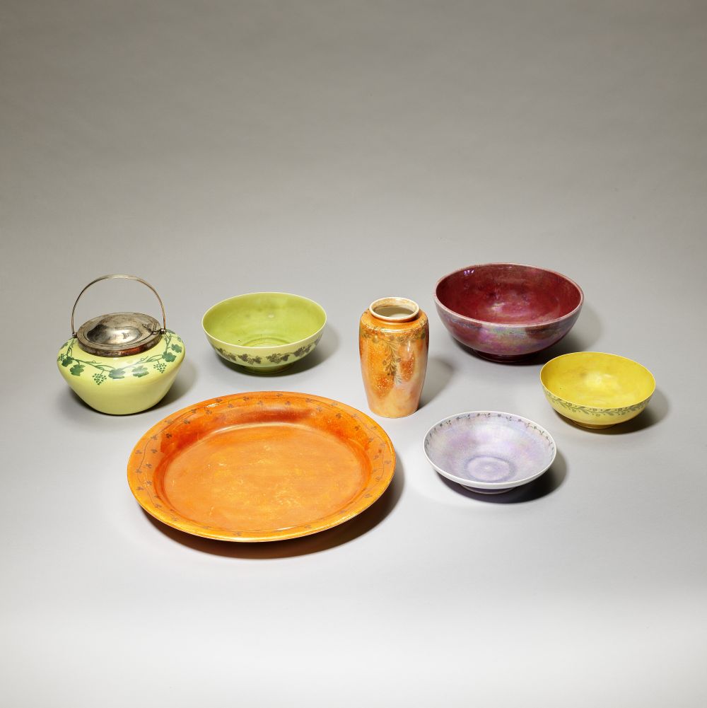 Ruskin Pottery Group of five bowls, vase and large dish, 1911-1927