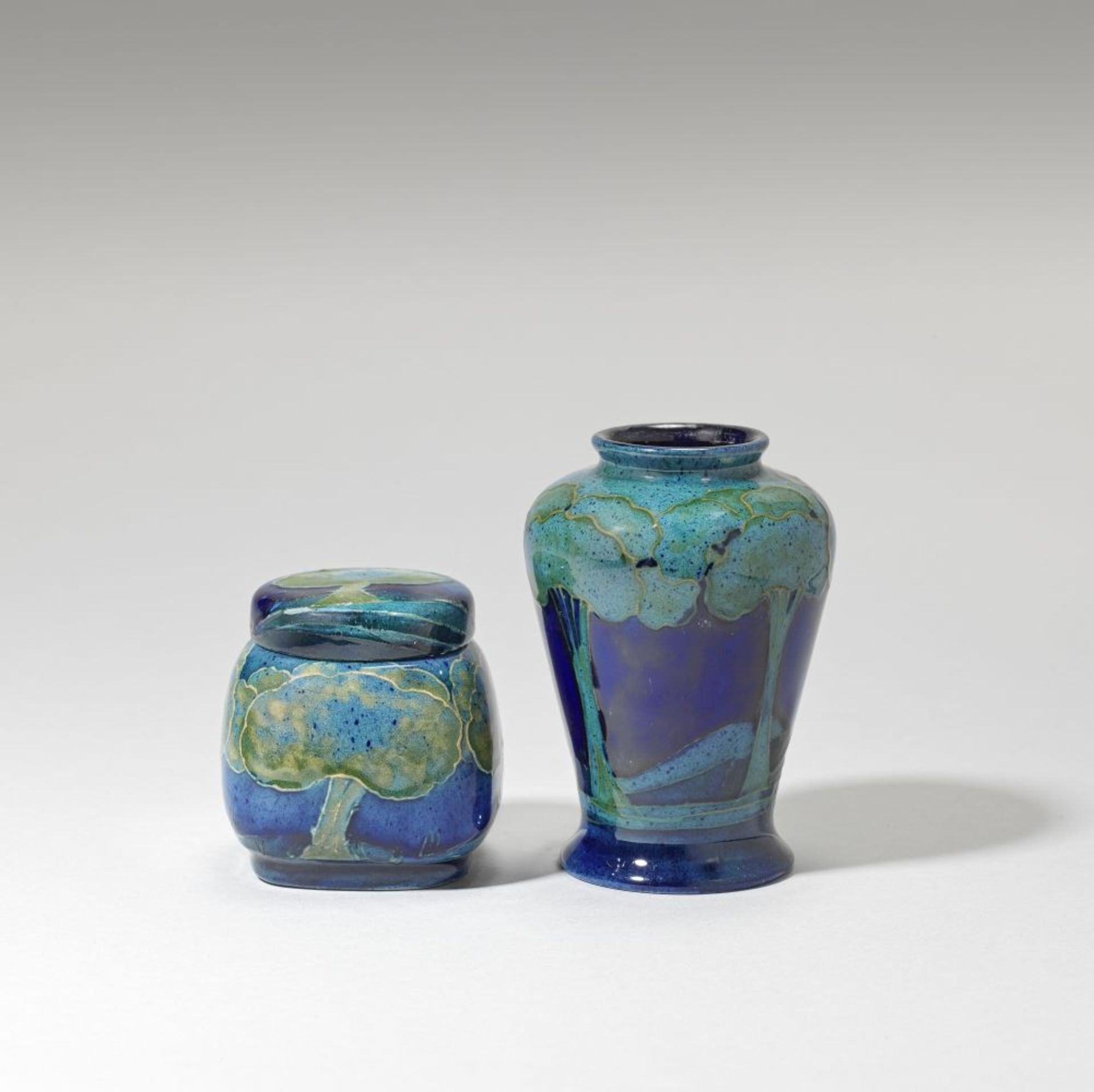 William Moorcroft 'Moonlit Blue' miniature vase and inkwell, circa 1925